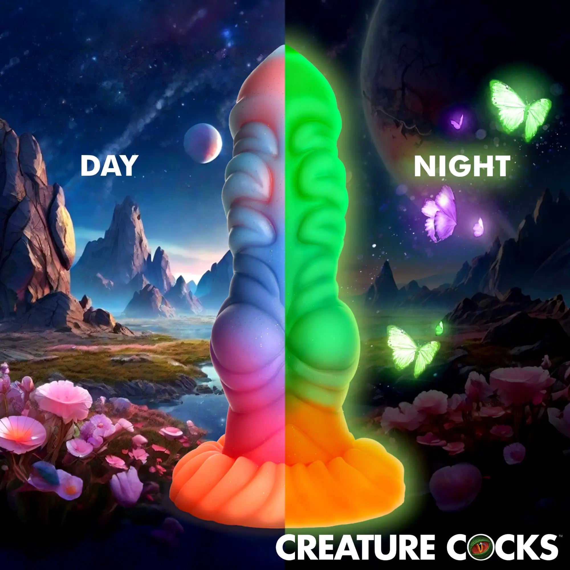 Creature Cocks Alien Invader silicone dildo, shown in day and glowing-in-the-dark night settings against a fantasy world.