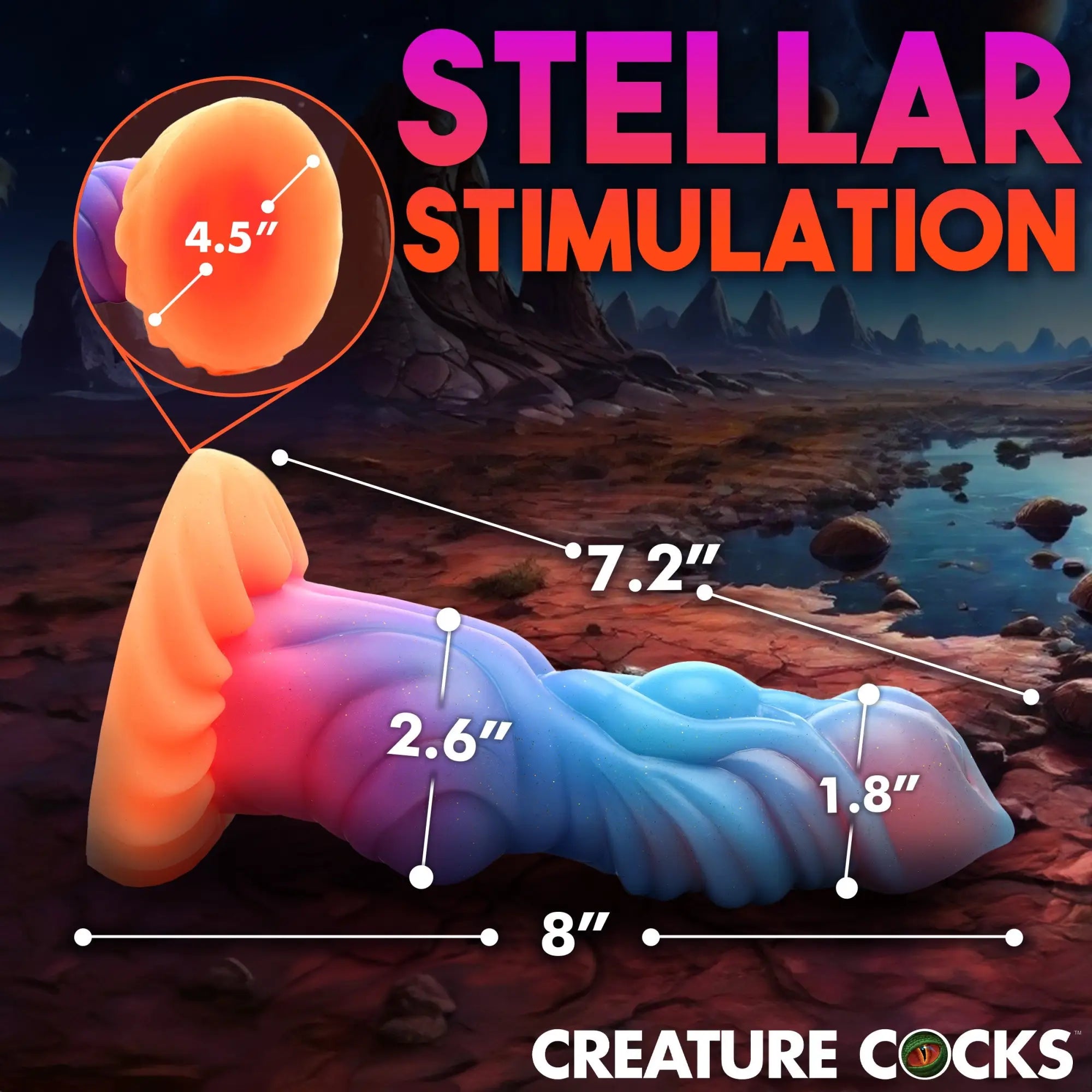 Creature Cocks Alien Invader glow-in-the-dark silicone dildo in orange, pink, and blue, shown with size dimensions.