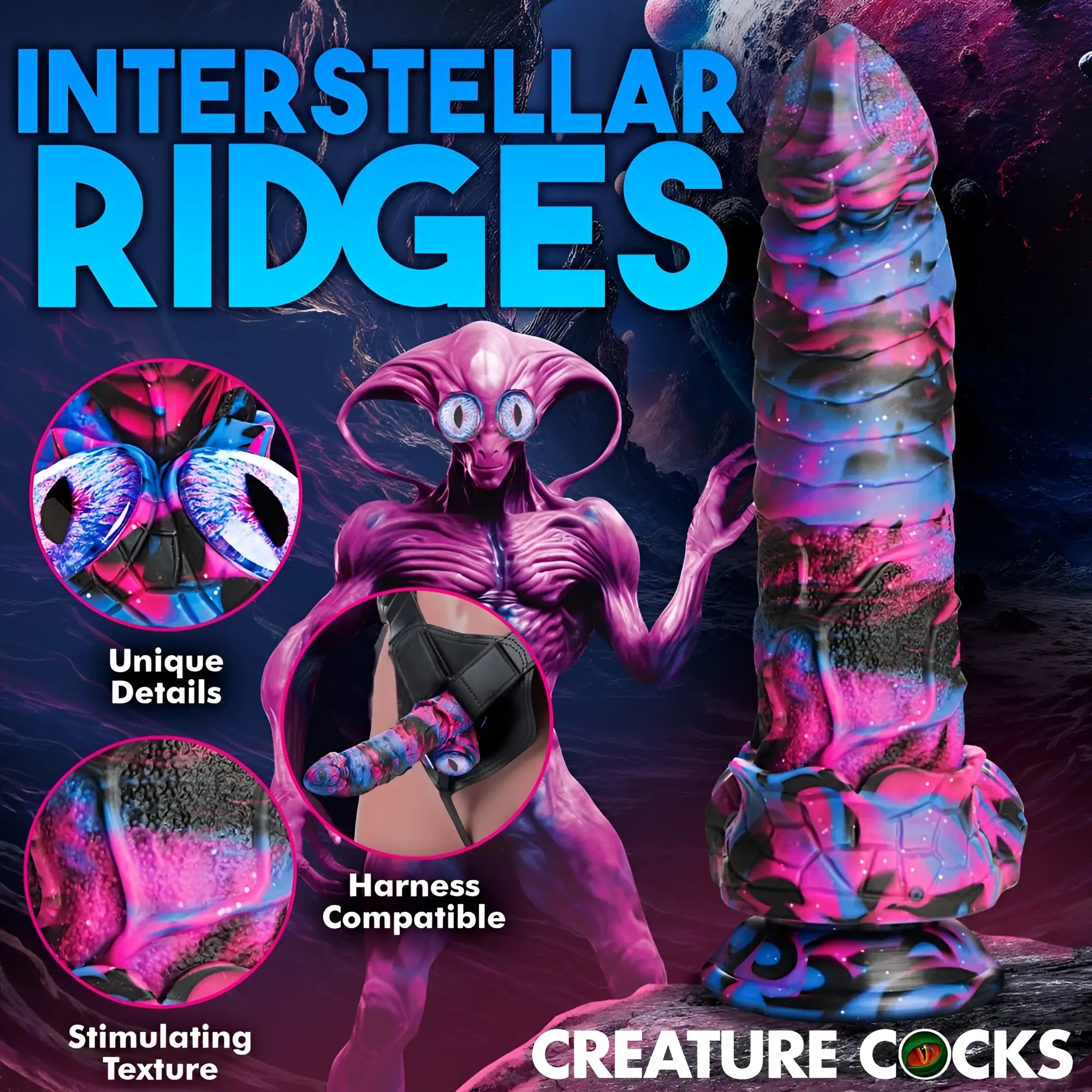Creature Cocks Alienoid silicone dildo with a pink, blue, and black swirled cosmic texture and ridged design.