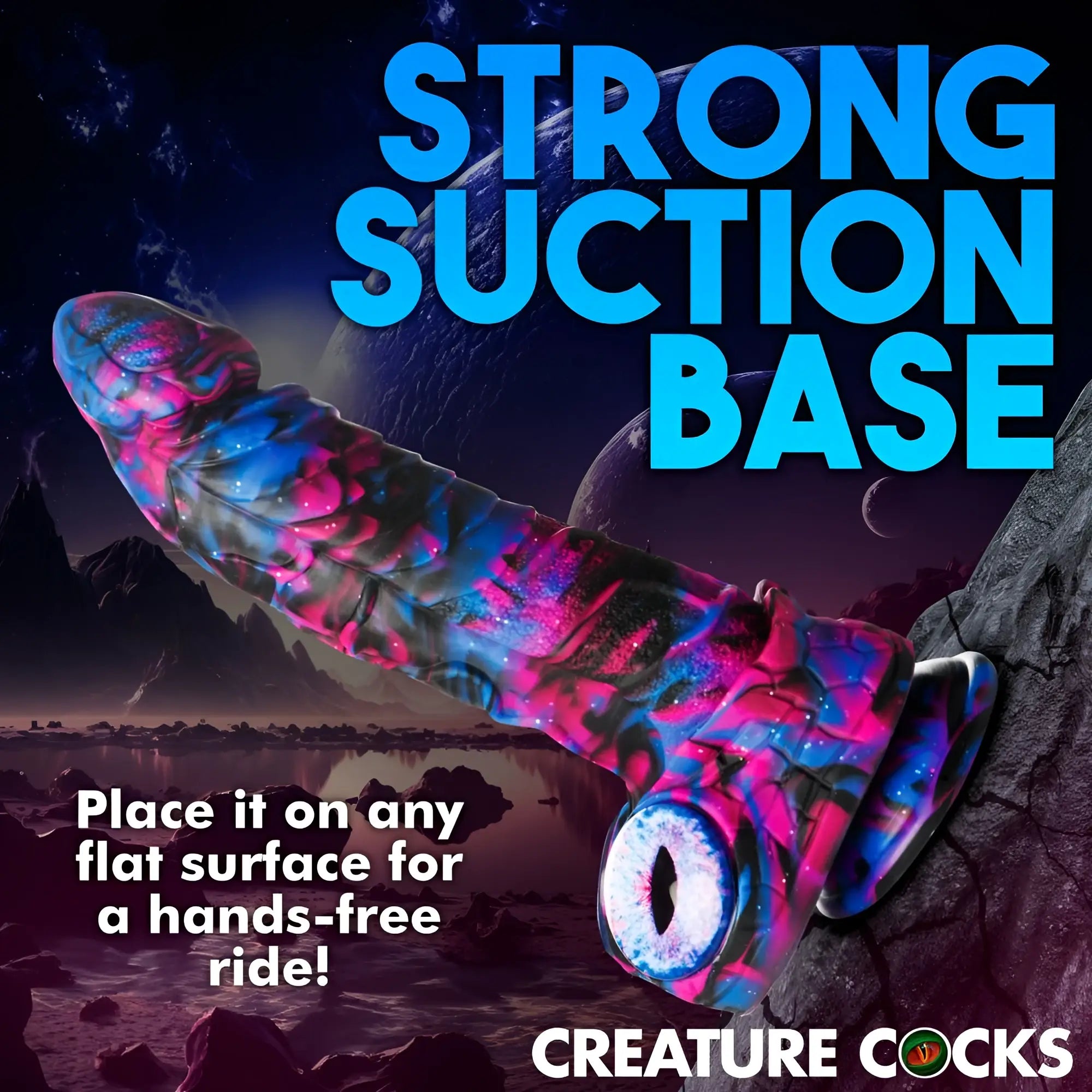 Creature Cocks Alienoid dildo in a black, blue, and pink marble silicone finish with a realistic eye and suction base.
