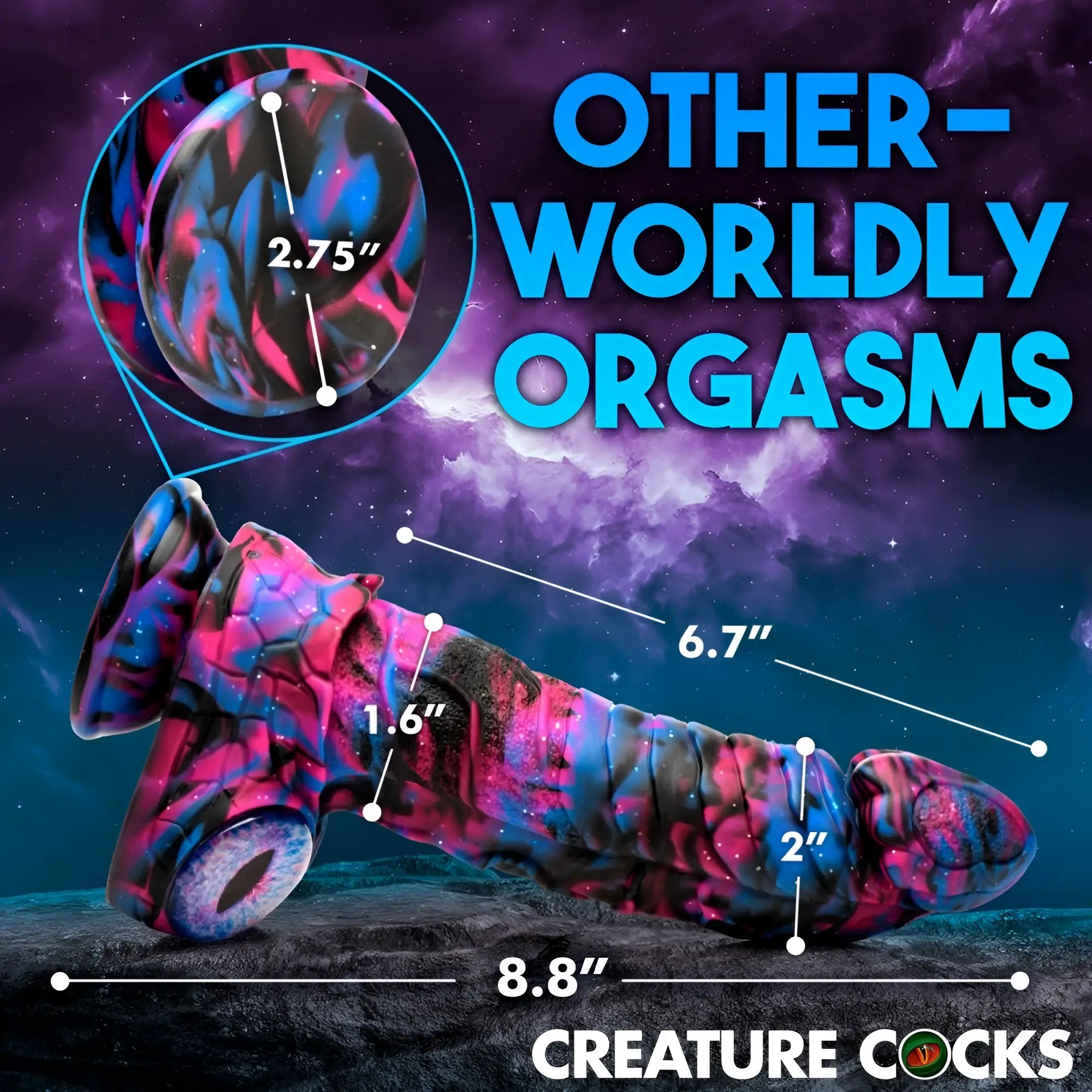 Creature Cocks Alienoid silicone dildo in pink, blue, and black marble with textured detailing and suction base.