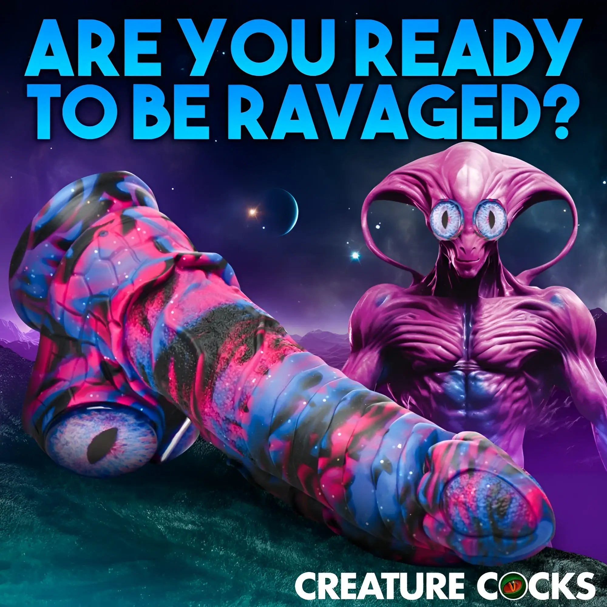 Creature Cocks Alienoid silicone dildo with a pink, blue, and black marbled texture against a space background.