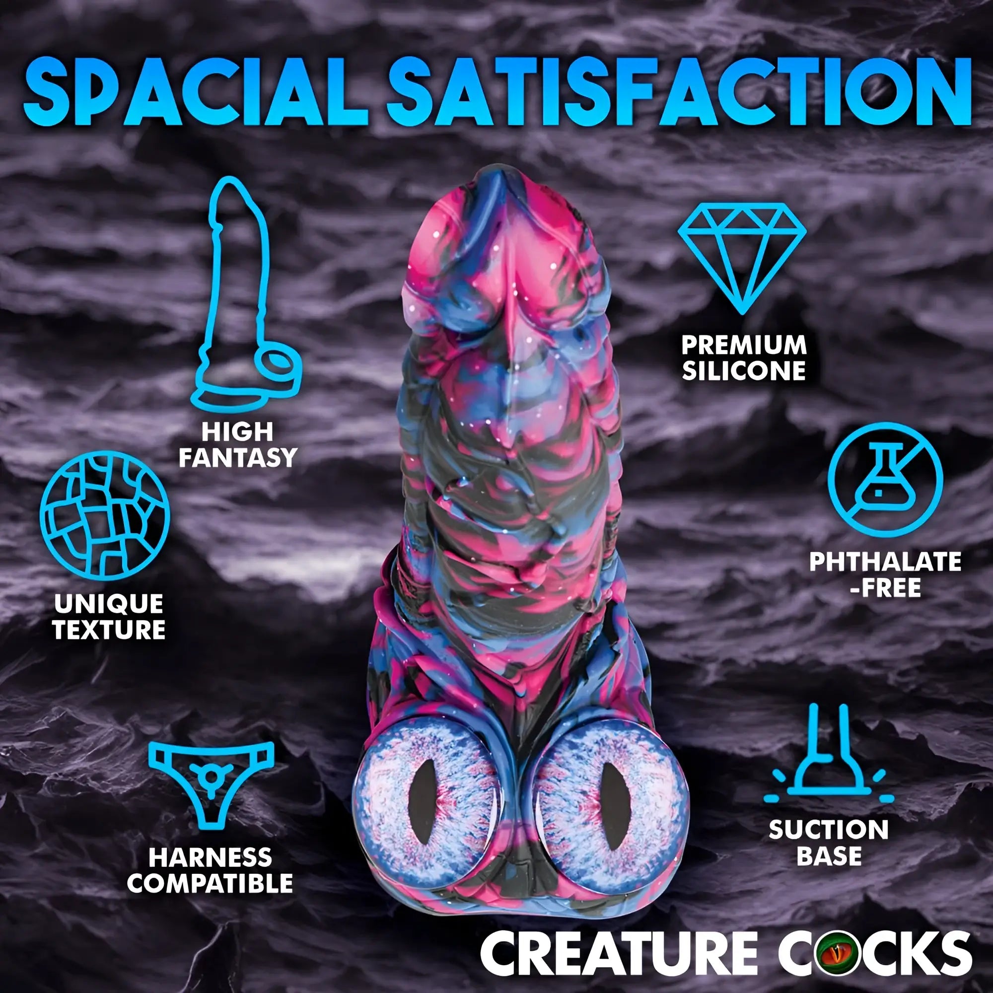 Creature Cocks Alienoid dildo in a pink, blue, and black swirl pattern with two large, detailed alien eye accents.