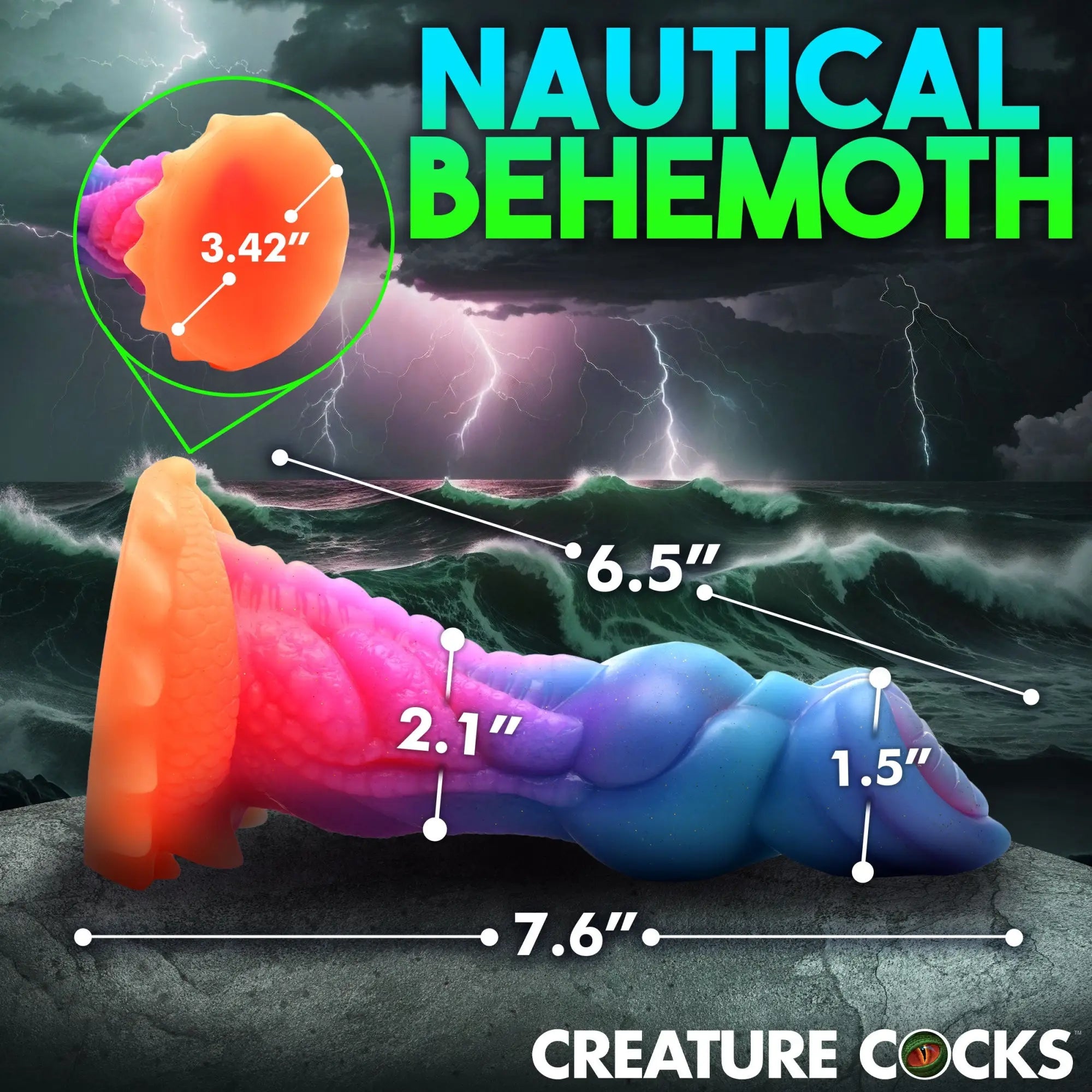 Creature Cocks Aqua-Cock glow-in-the-dark silicone dildo with orange-to-blue gradient and textured, tentacle-like design.
