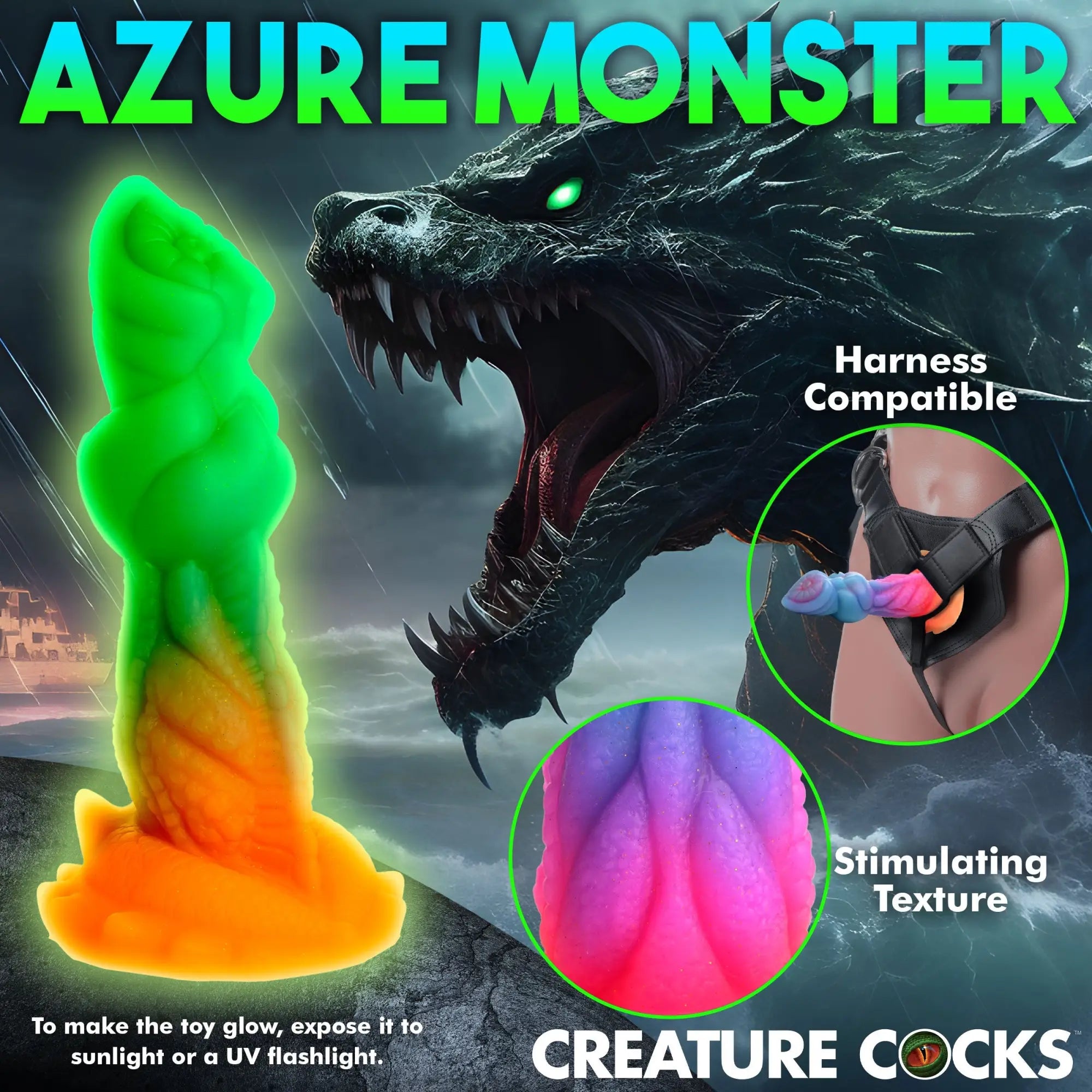 Creature Cocks Aqua-Cock glow-in-the-dark silicone dildo with textured creature design, shown in harness and detail.