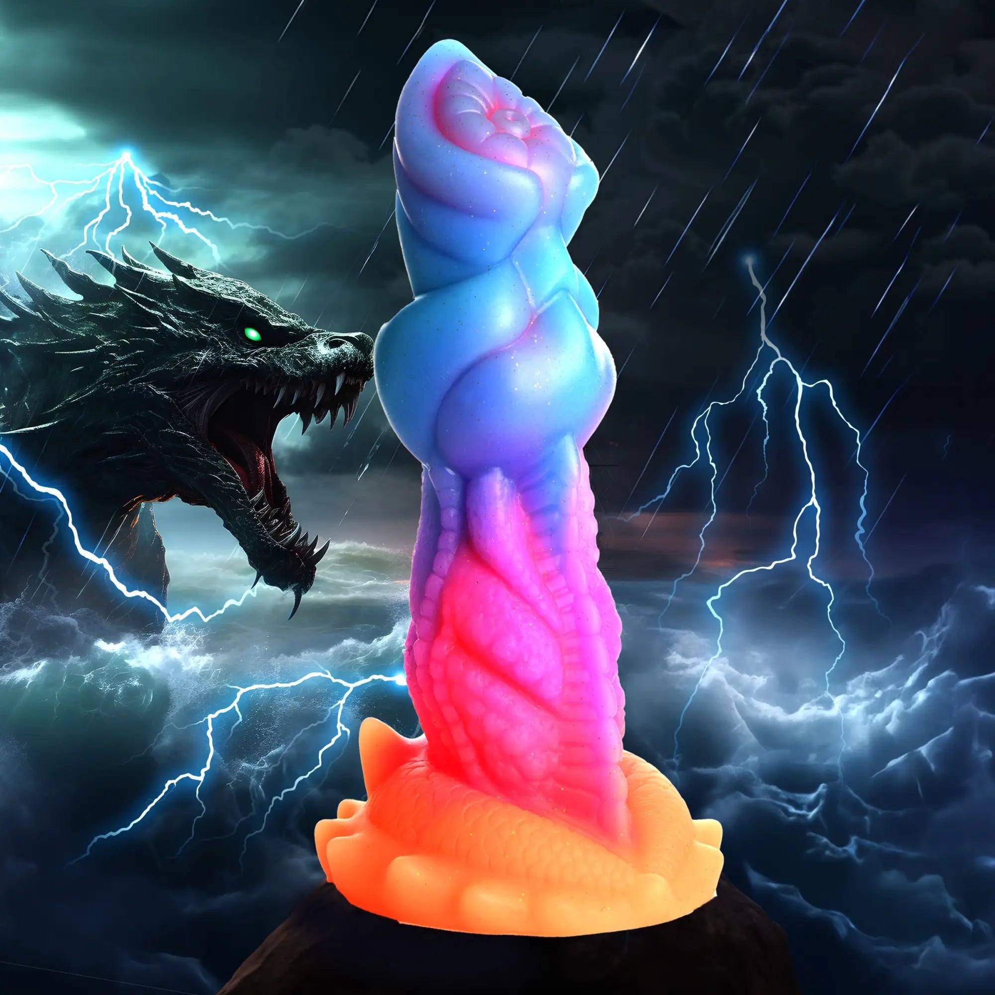 Creature Cocks Aqua-Cock glow-in-the-dark silicone dildo with blue, pink, and orange gradient against a dragon storm.