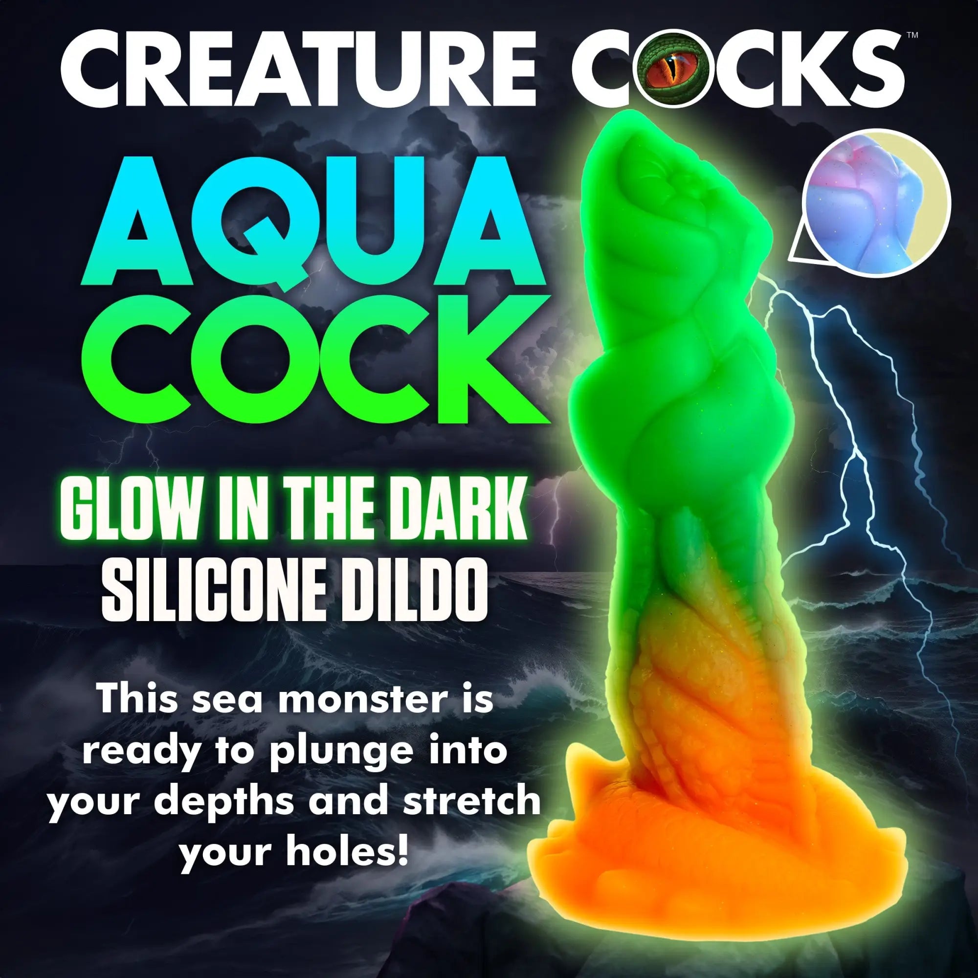 Creature Cocks Aqua-Cock glow-in-the-dark silicone dildo with textured, sea monster design, transitioning green to orange.