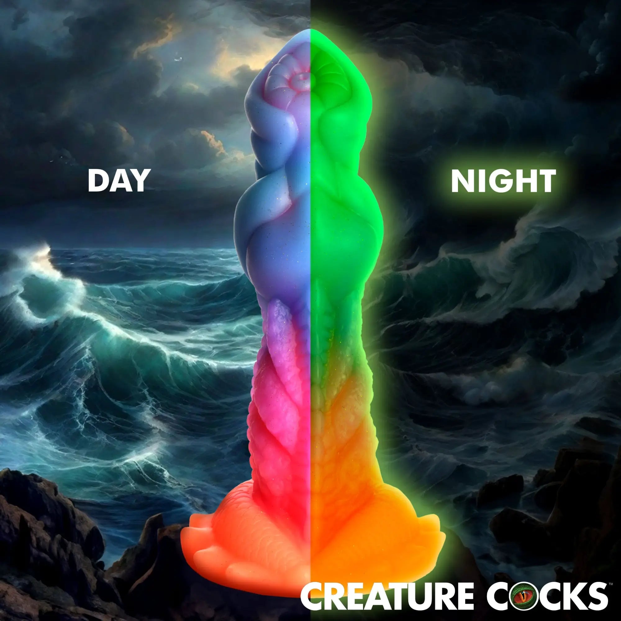 Creature Cocks Aqua-Cock silicone dildo split between daylight colors and glowing green night mode against a sea backdrop.