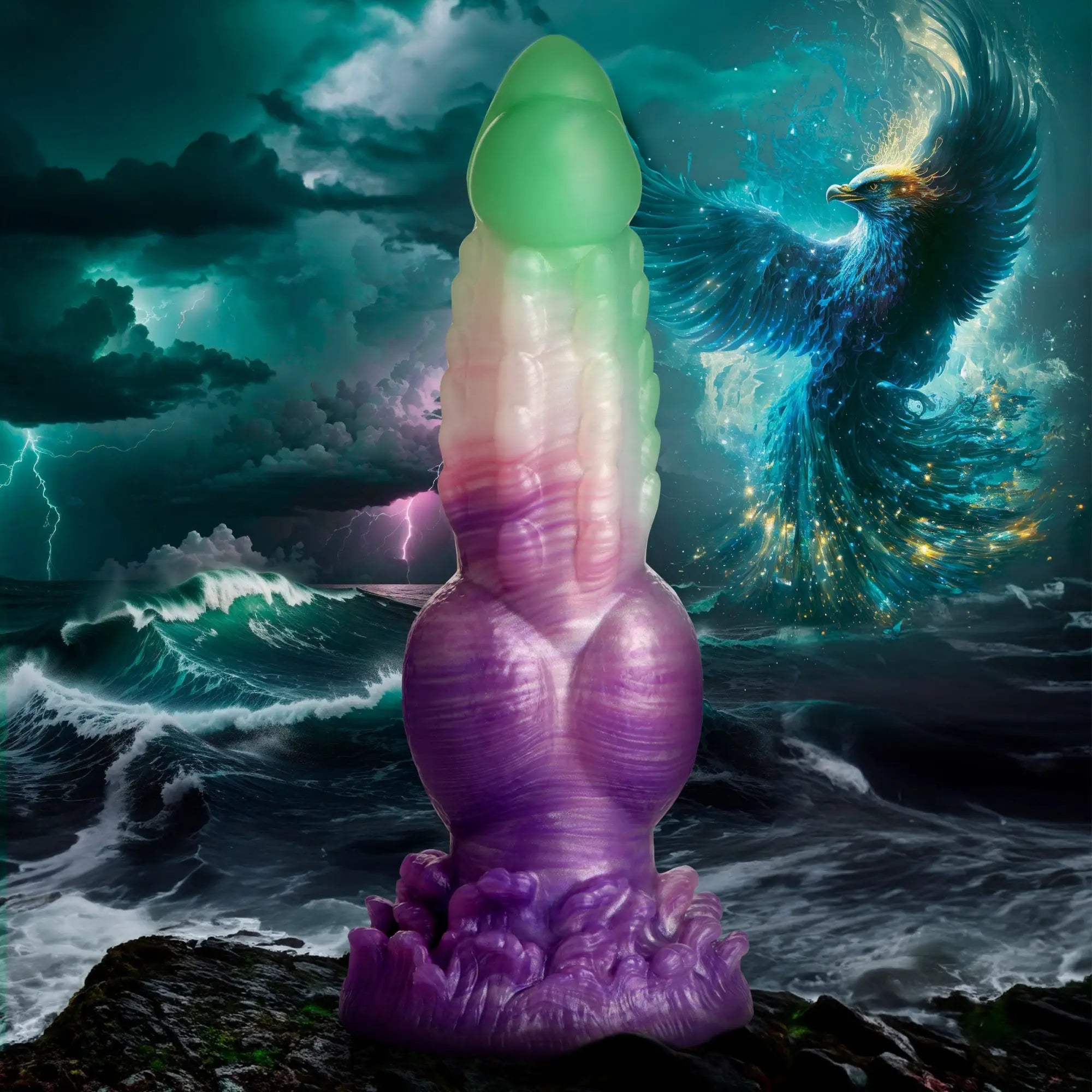 Creature Cocks Aqua Phoenix silicone dildo: a gradient green to purple, textured phallic toy against a stormy sea.