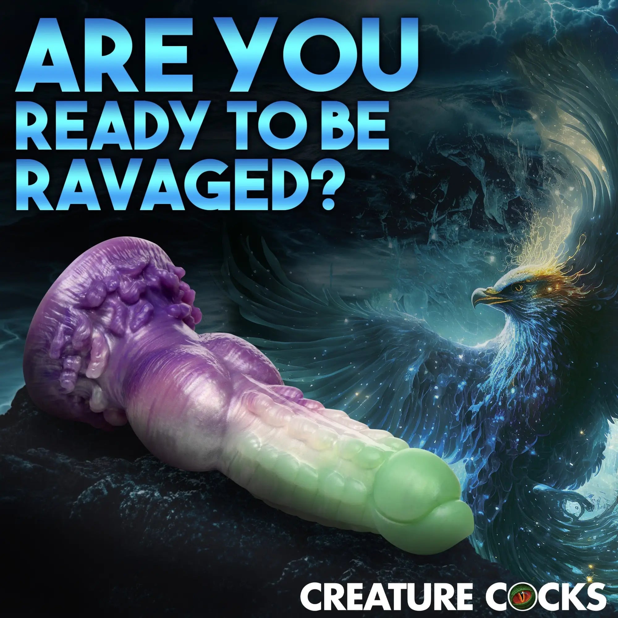 Creature Cocks Aqua Phoenix silicone dildo, featuring a purple-to-green gradient and textured, fantasy-style design.