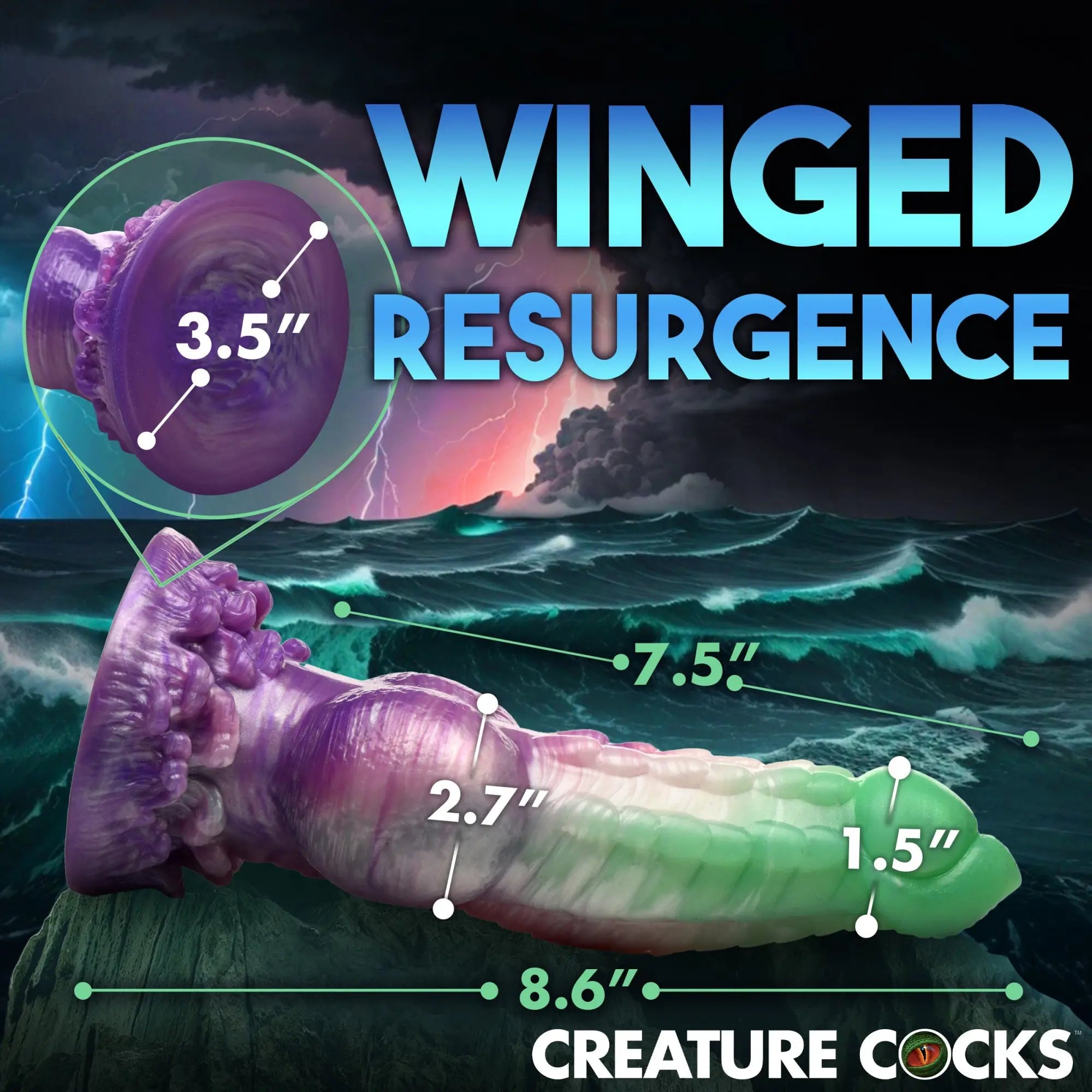 Creature Cocks Aqua Phoenix dildo: purple-to-green gradient silicone toy with textured base against a stormy sea background.