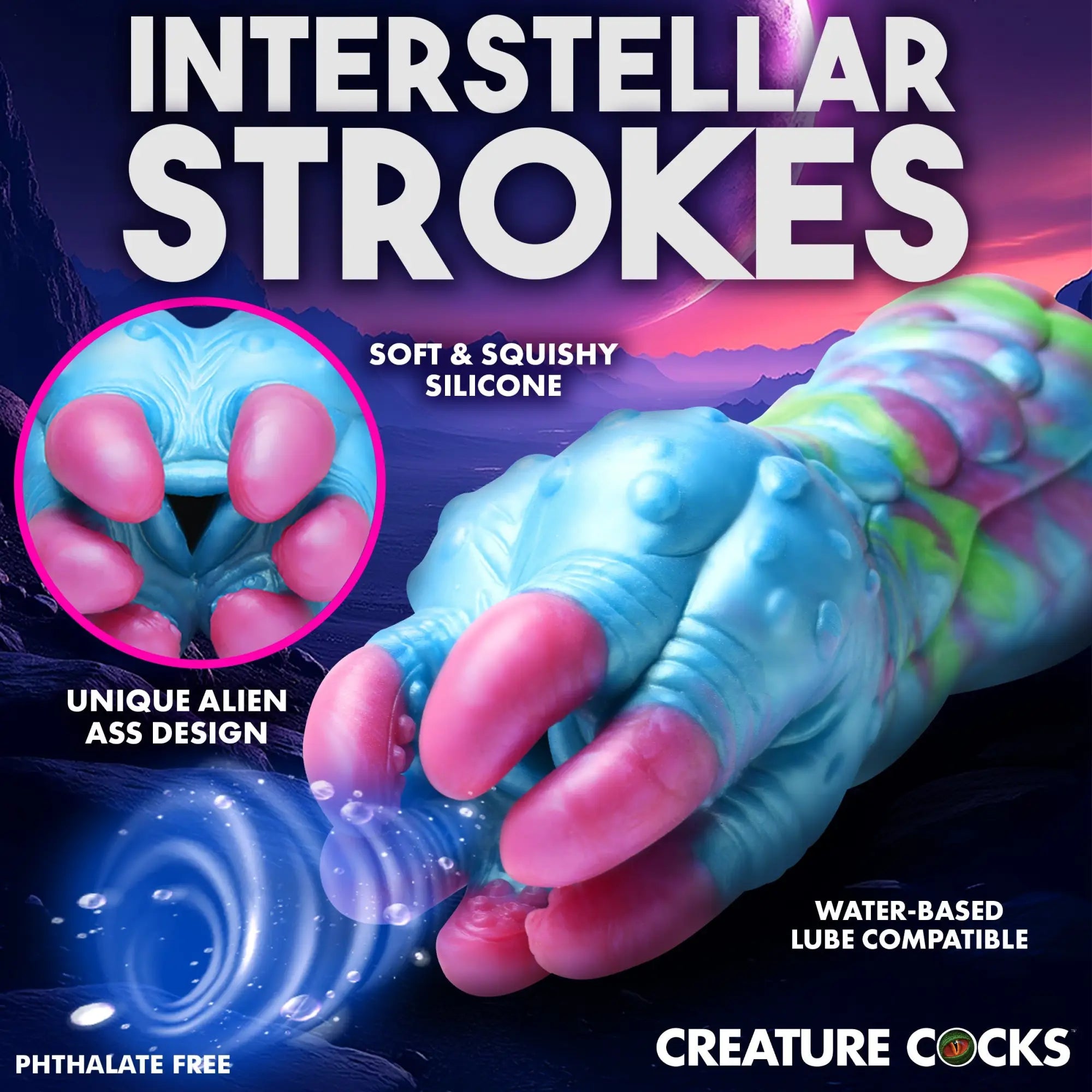 Creature Cocks Asstra silicone stroker in a blue and pink alien-inspired design with textured details.