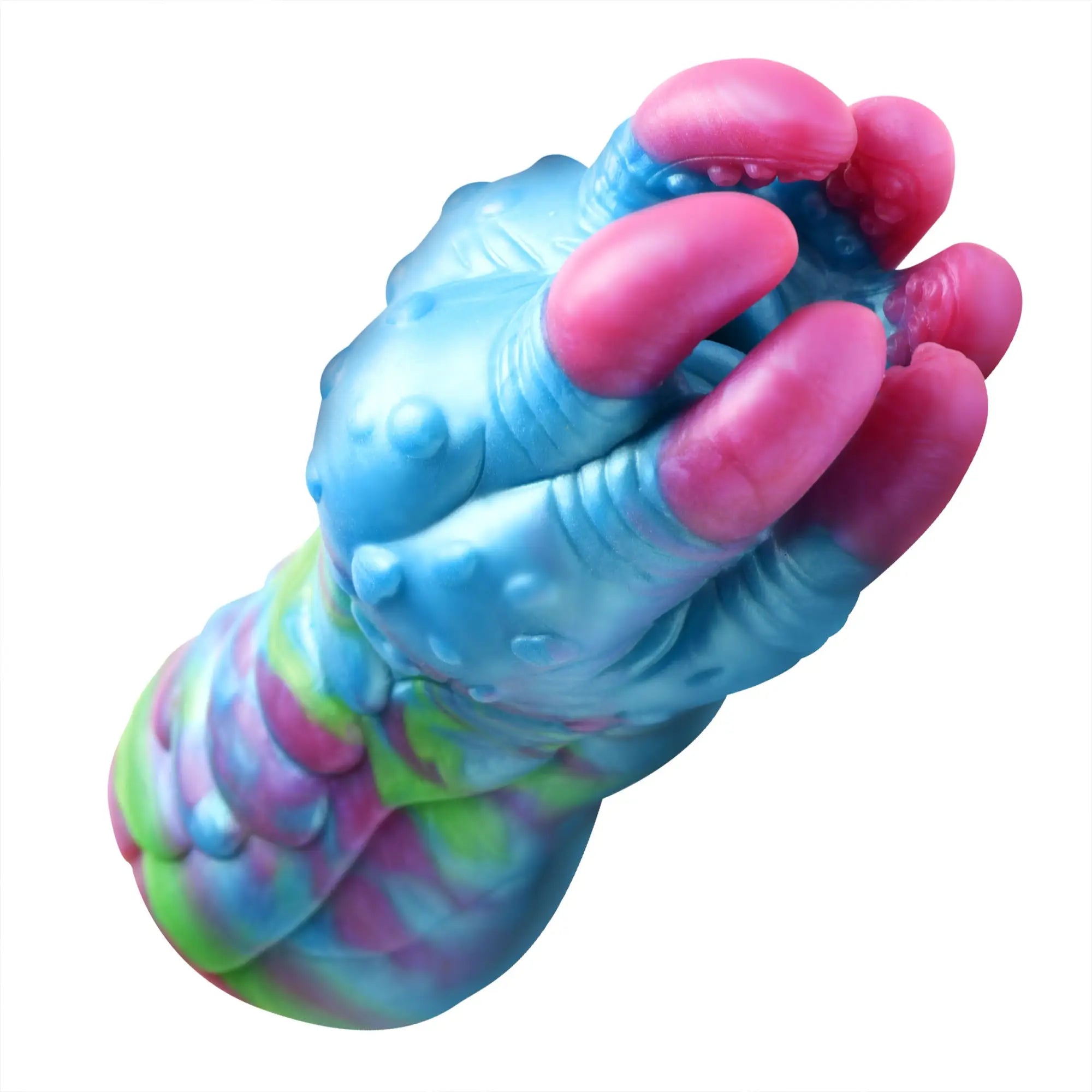 Creature Cocks Asstra silicone stroker in blue and pink with a textured, alien-inspired design and suction-cup base.