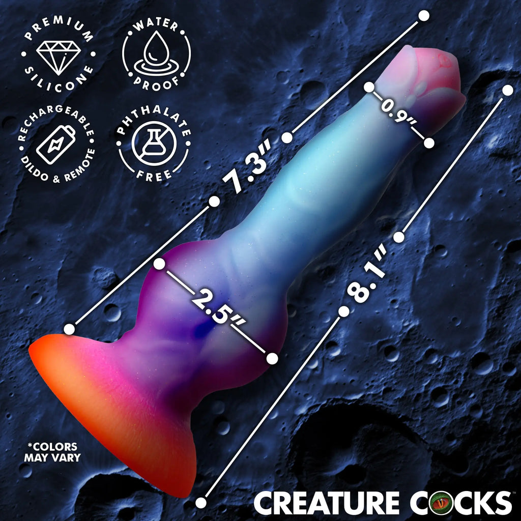 Creature Cocks Astro Cock: A multi-colored, vibrating silicone dildo with dimensions shown against a moon crater background.