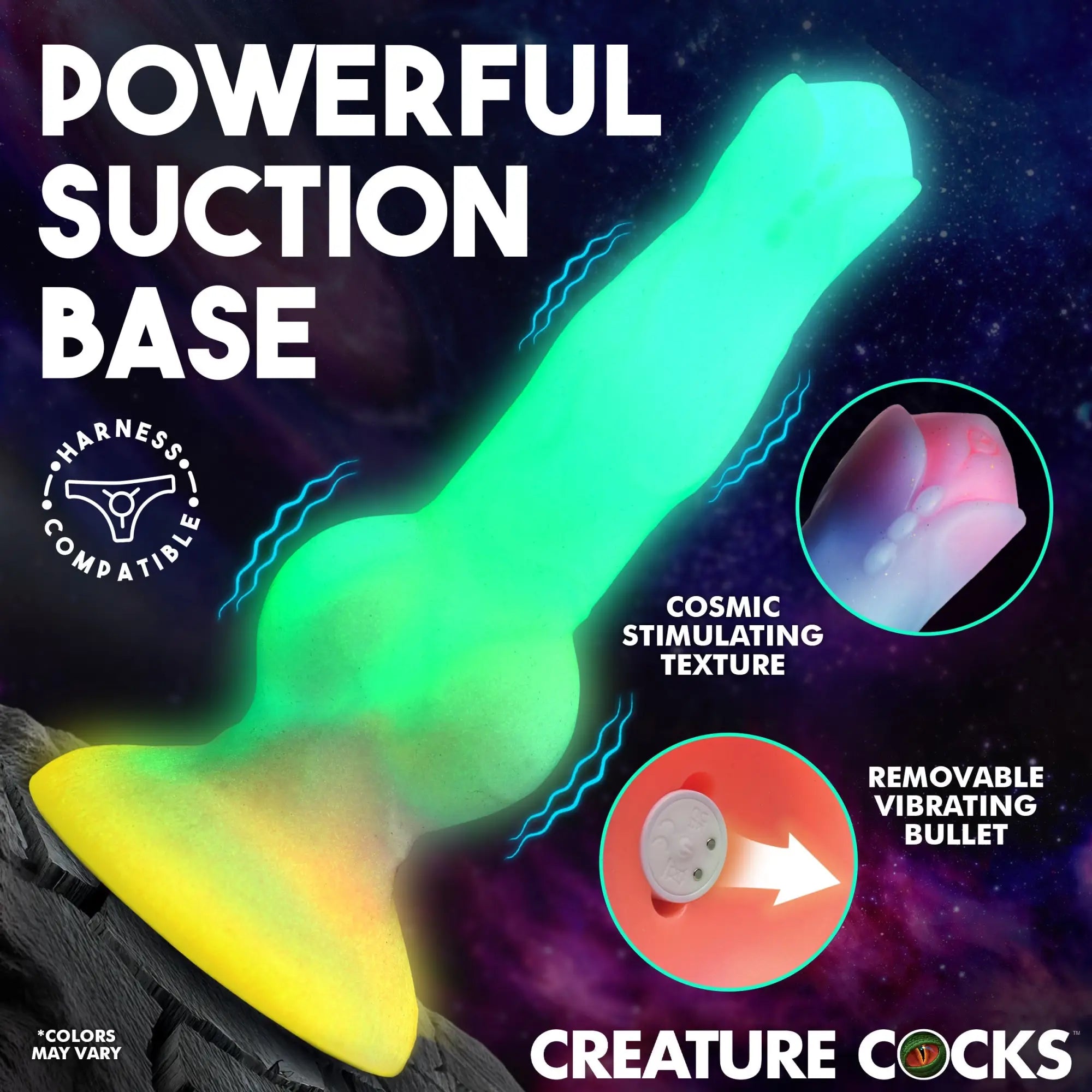 Creature Cocks Astro dildo: A glow-in-the-dark, silicone vibrating dildo with a suction base and textured tip.