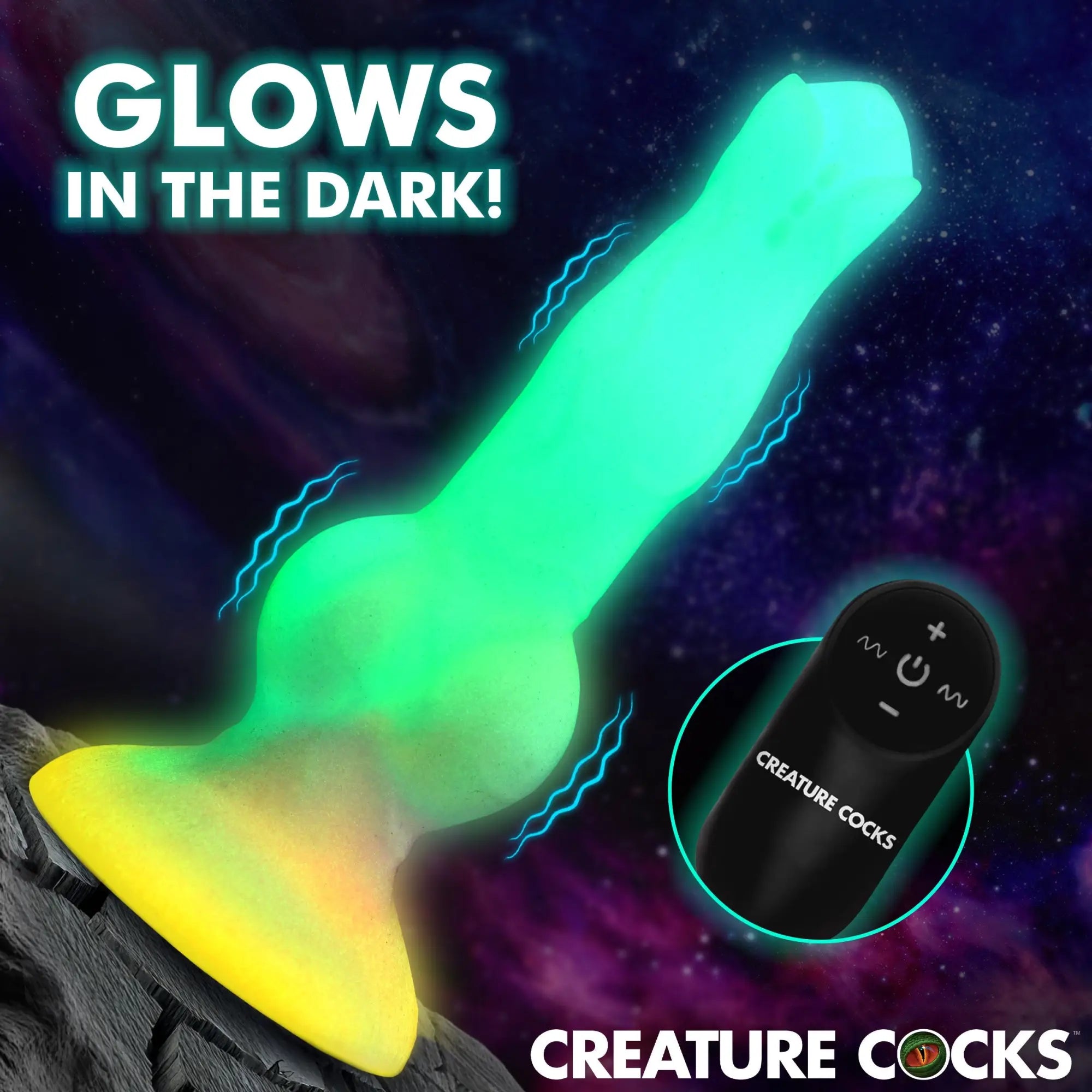 Creature Cocks Astro vibrating dildo, glow-in-the-dark silicone design with suction base and remote, against space.