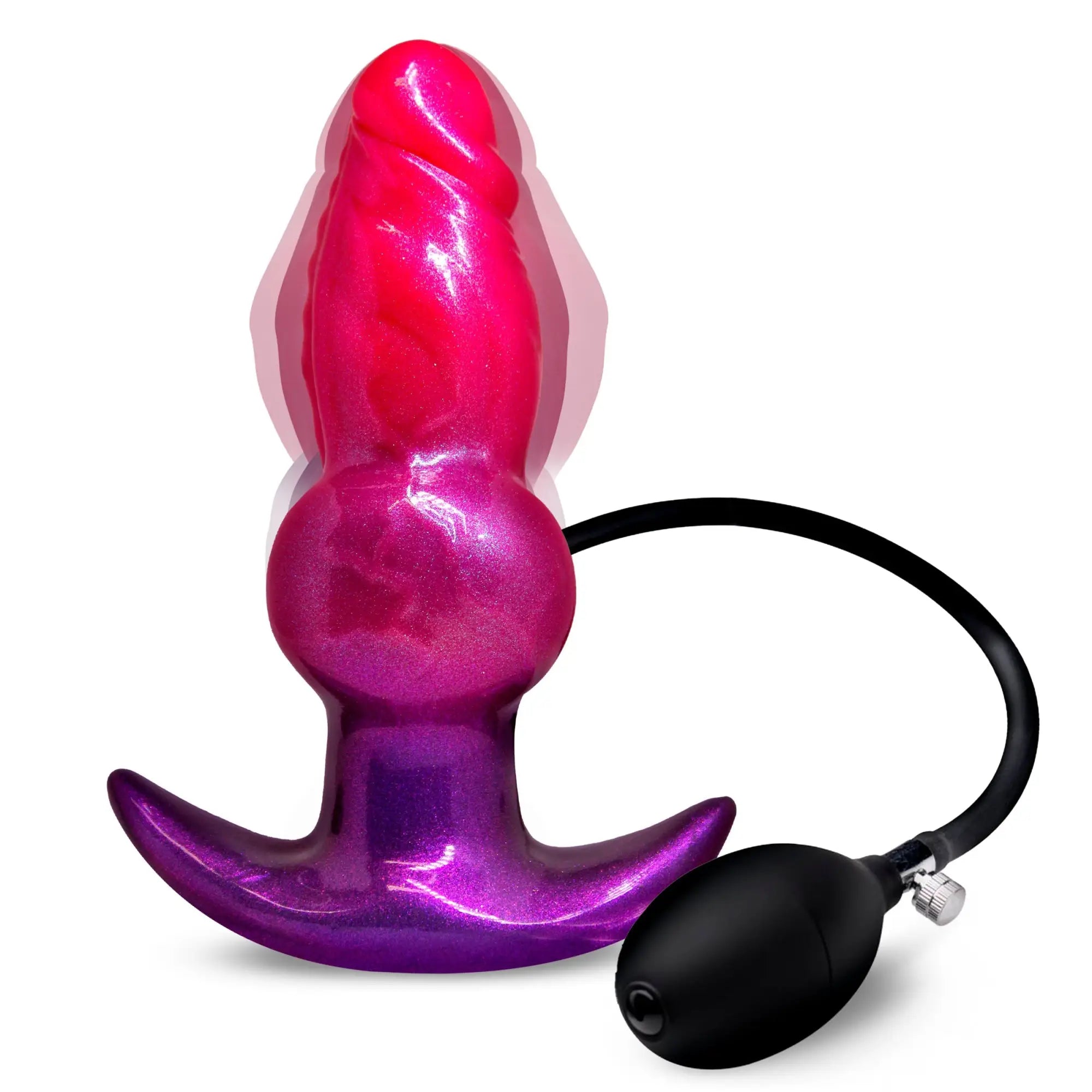 Creature Cocks Astro inflatable silicone anal plug, in glittery pink and purple with a black hand pump.