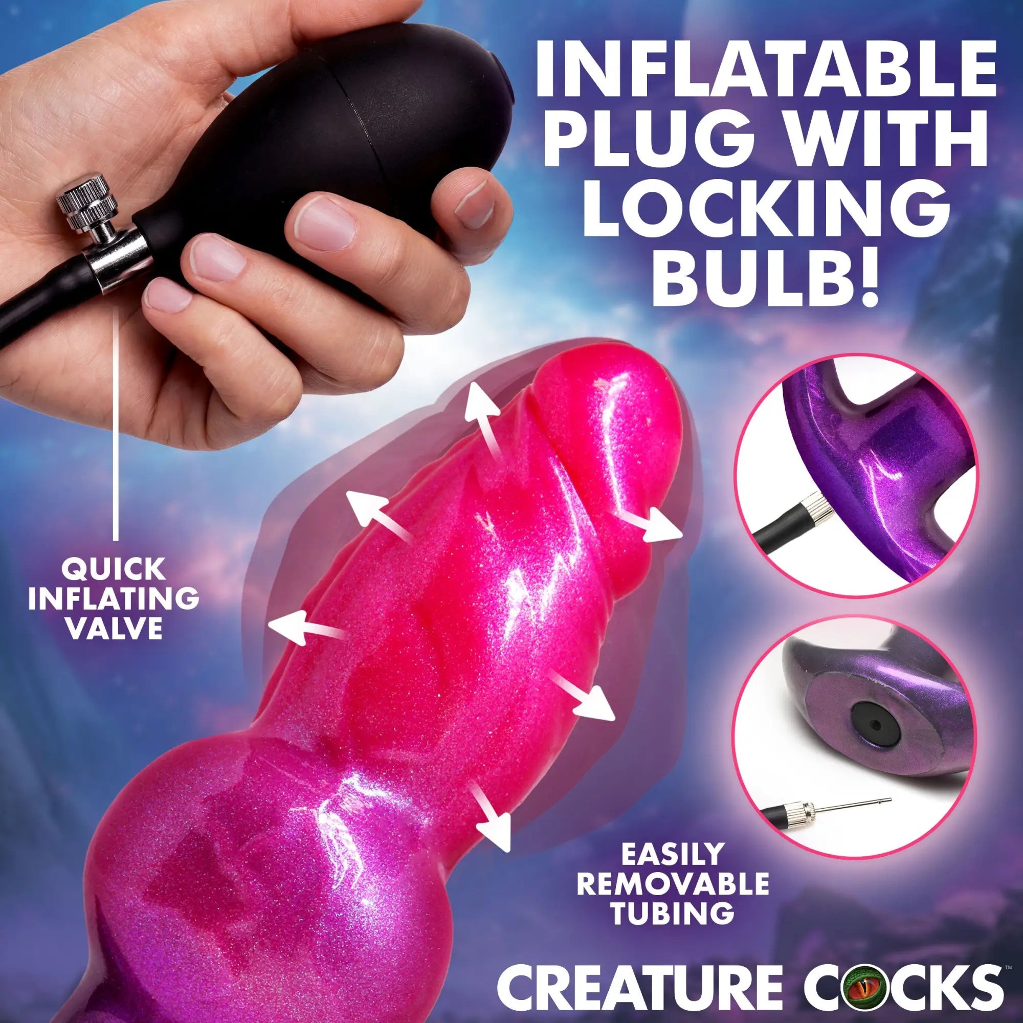 Creature Cocks Astro: A glittery, hot pink inflatable silicone anal plug with a black hand pump and removable tubing.