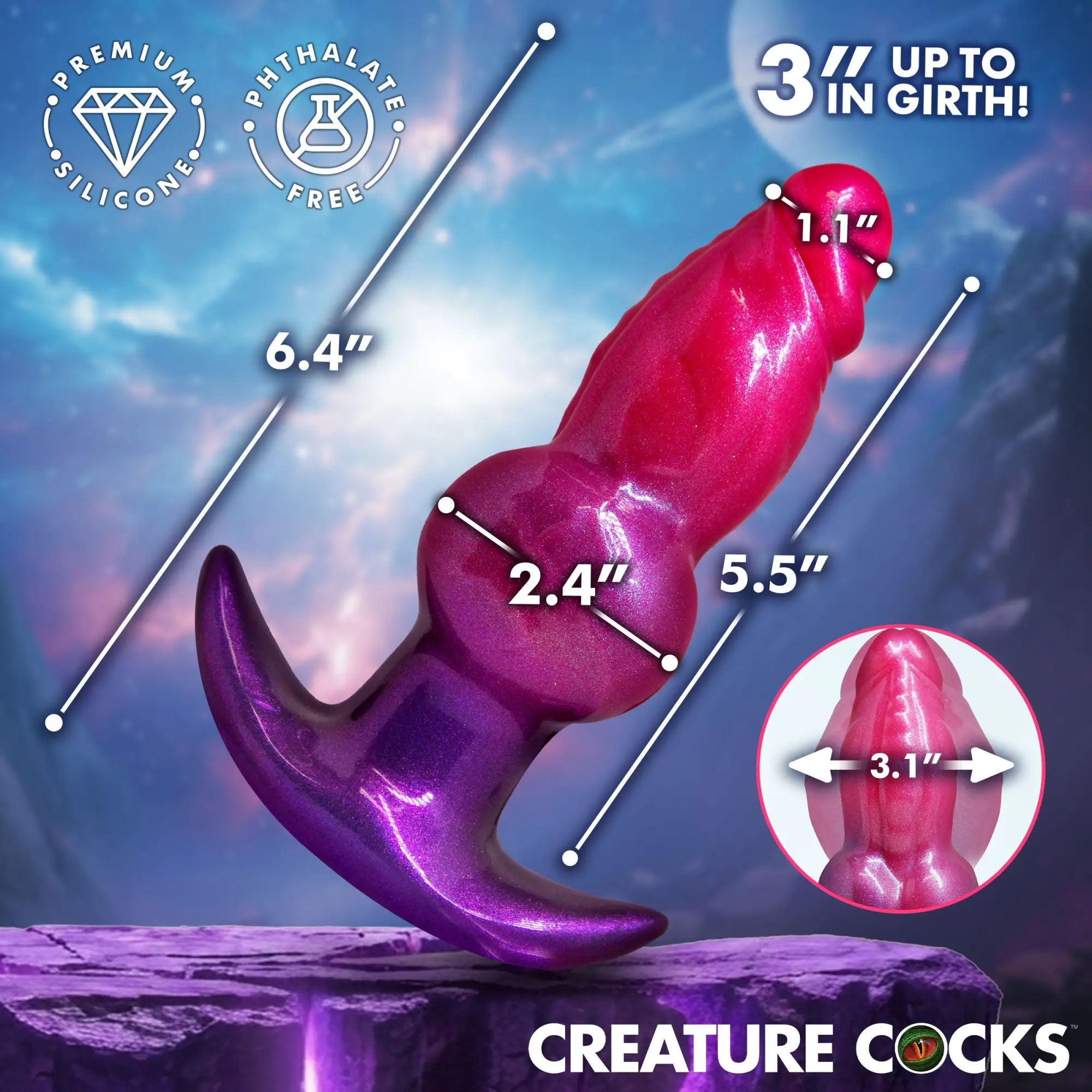 Creature Cocks Astro: A sparkly, pink-to-purple gradient inflatable silicone anal plug with measurement callouts.