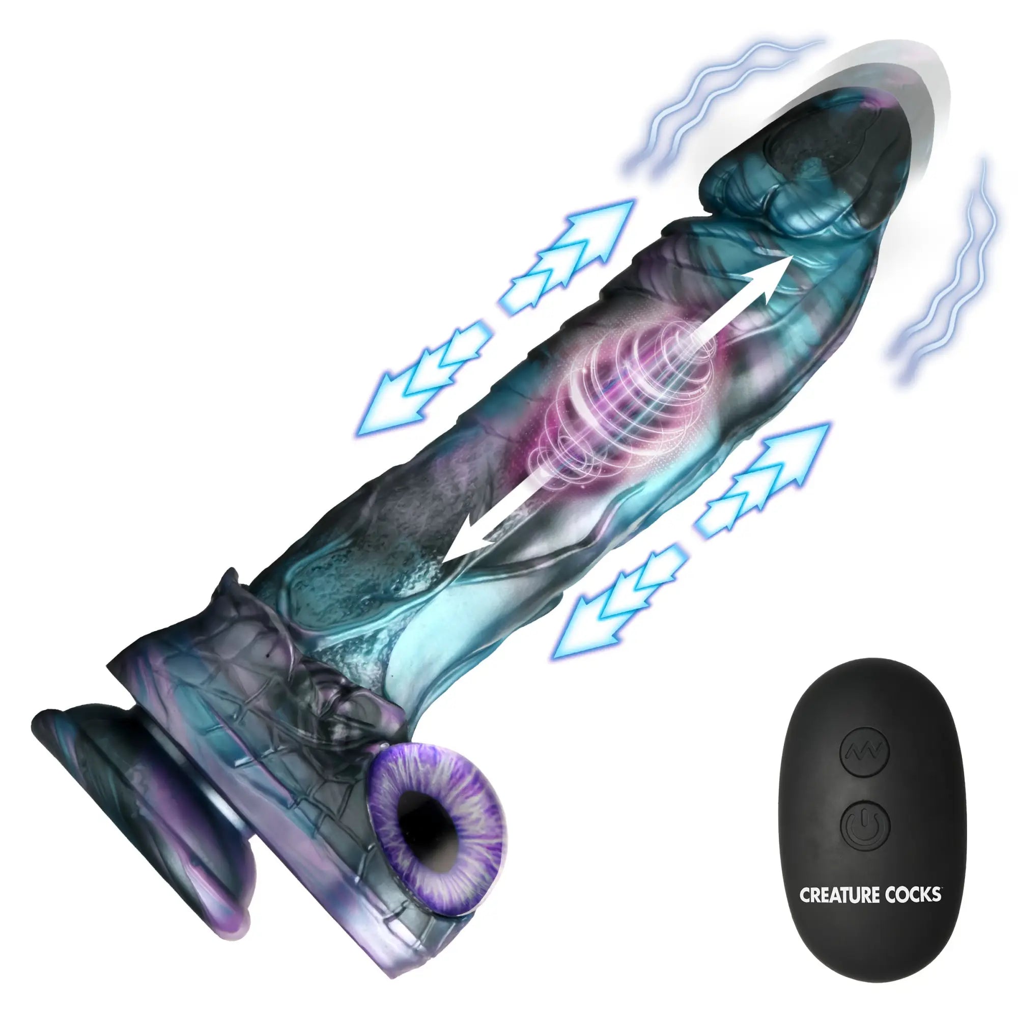 Creature Cocks Astro-Thrust silicone dildo: blue and black textured, thrusting, with remote and purple eye accent.