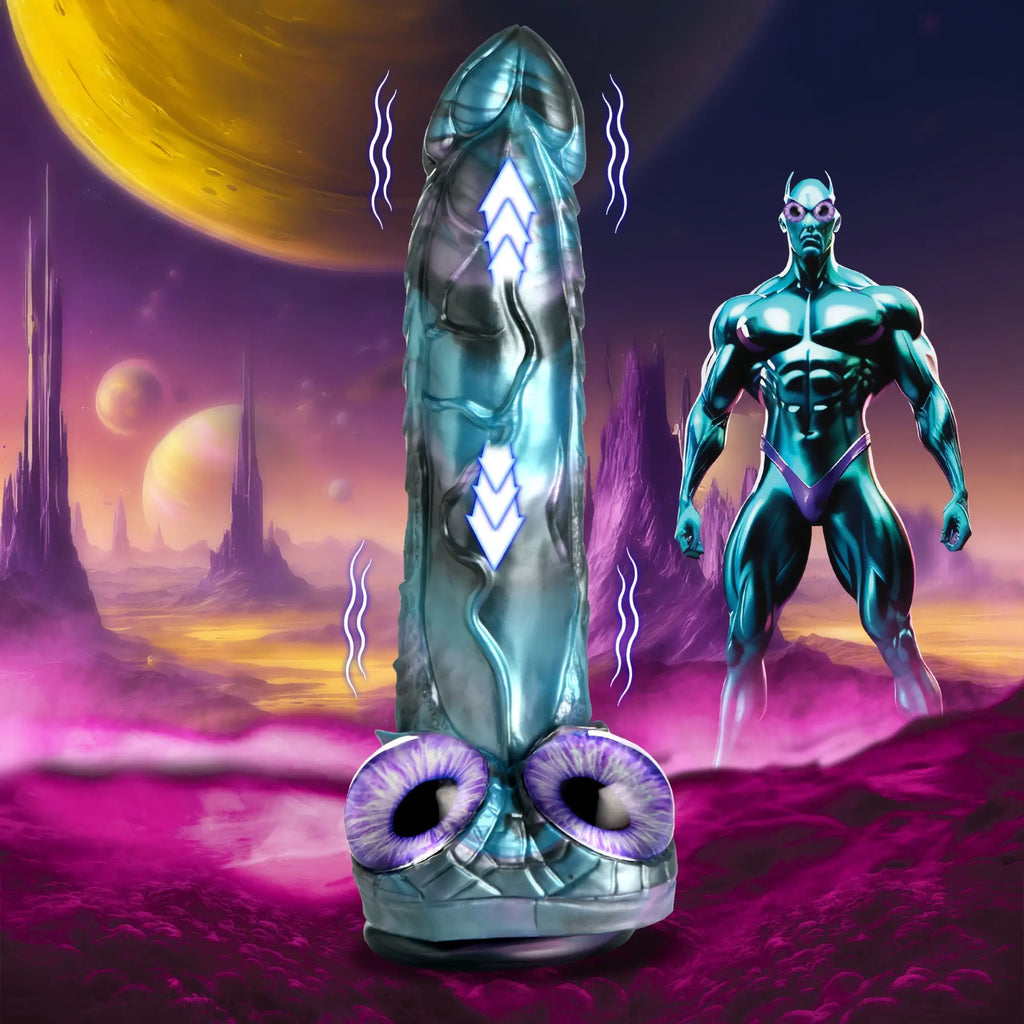Creature Cocks Astro-Thrust blue silicone dildo with purple eye accents against a sci-fi alien landscape background.