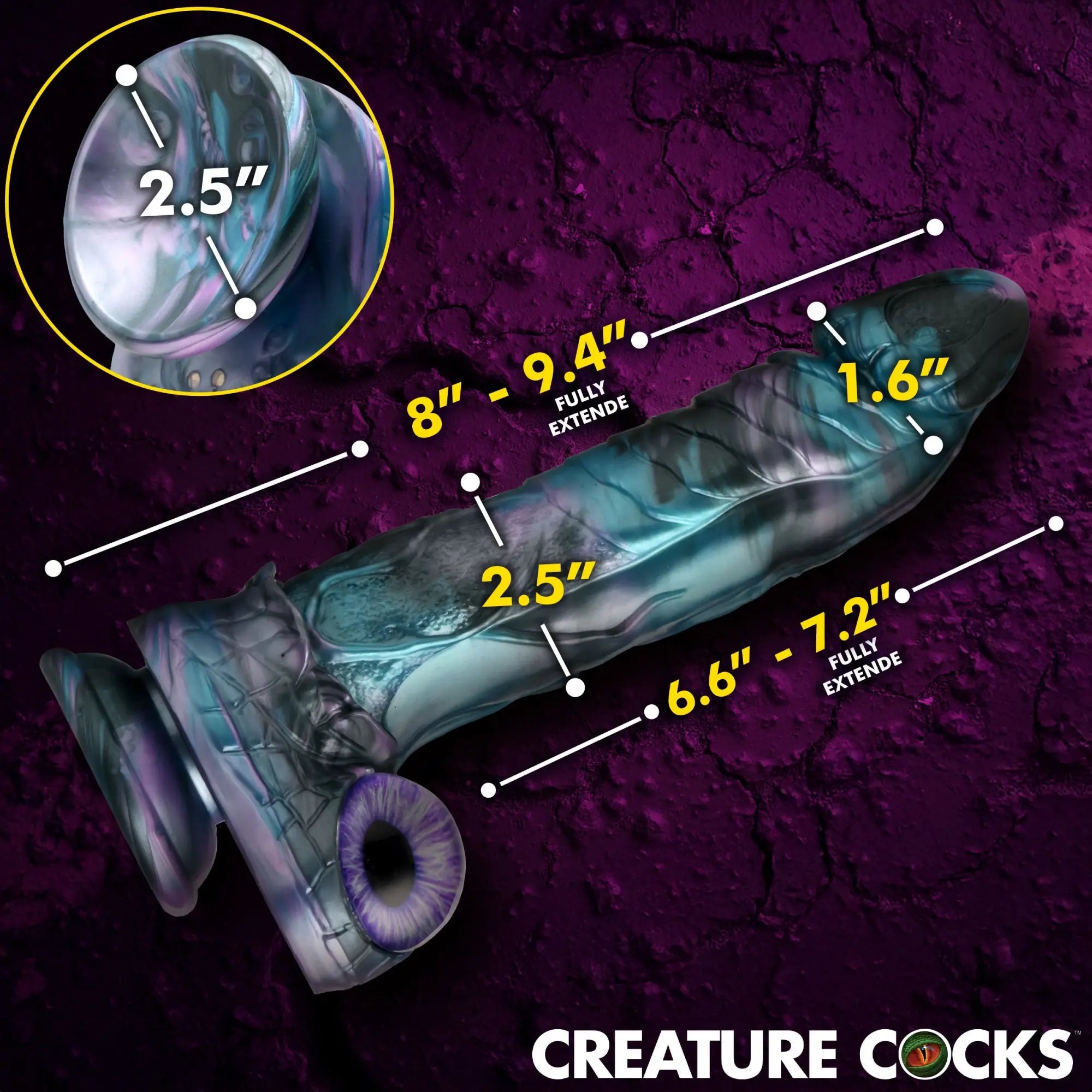 Creature Cocks Astro-Thrust silicone dildo in swirling blue-purple, showing dimensions and a suction base detail.