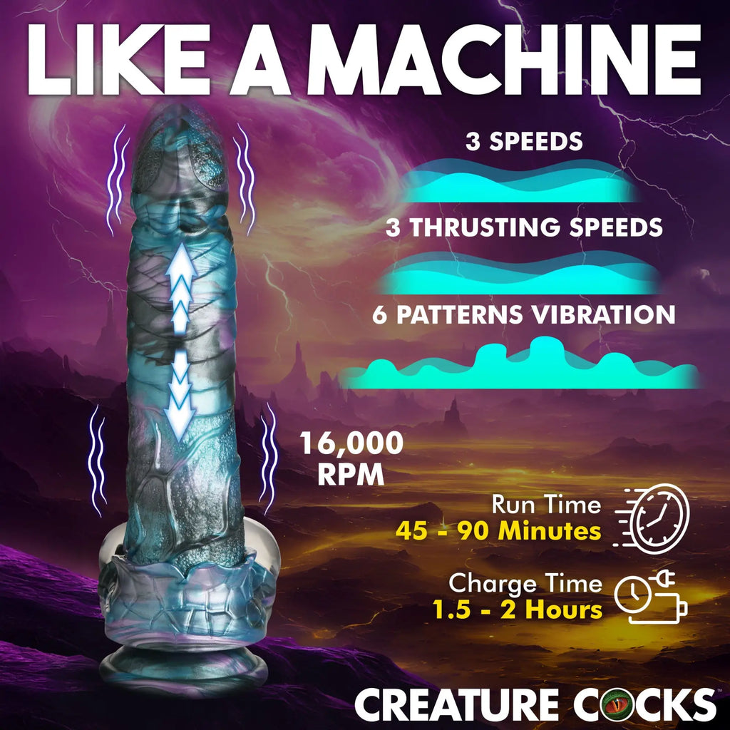 Creature Cocks Astro-Thrust dildo: textured, marbled blue and purple silicone toy on a space-themed background.
