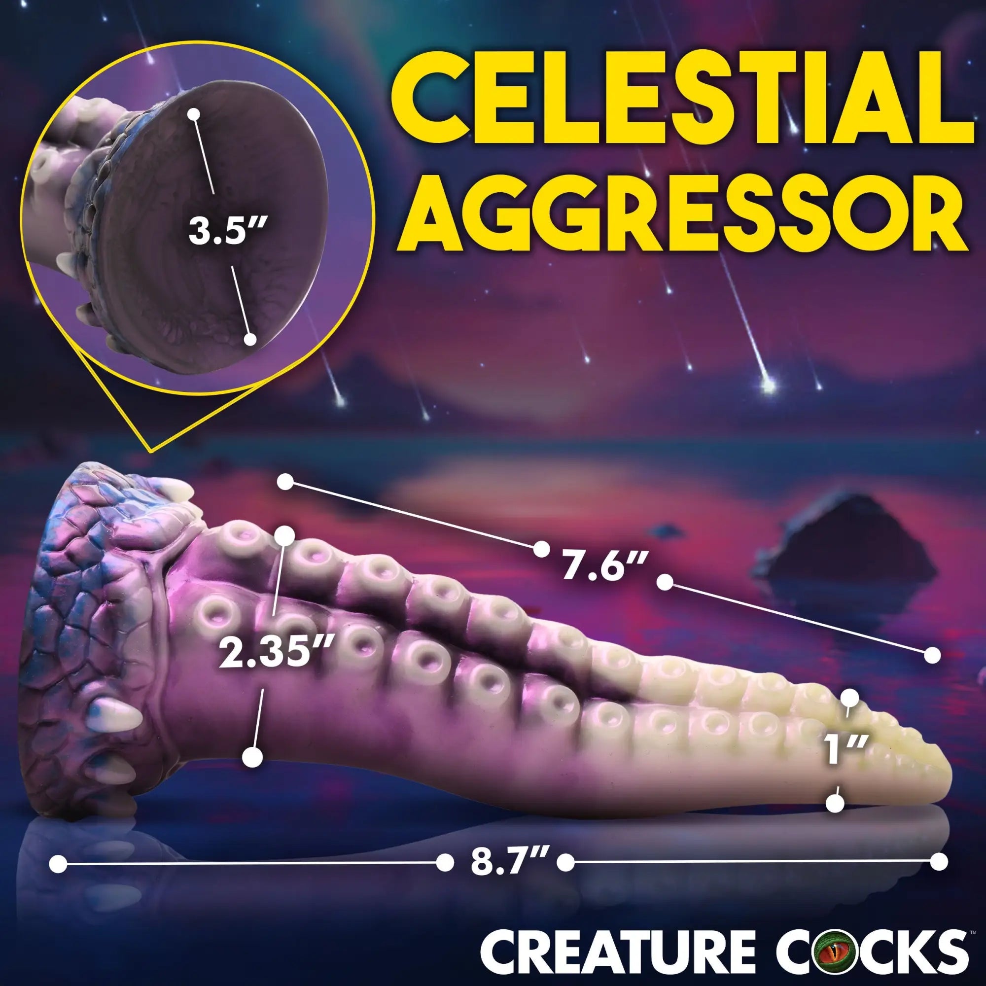 Creature Cocks Astropus silicone dildo: a purple and blue tentacle-style toy with suction cup base and measurement lines.