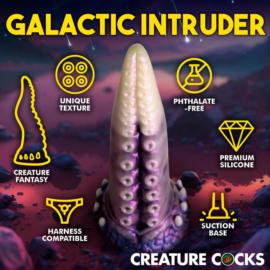 Creature Cocks Astropus silicone dildo with purple-to-white gradient, tentacle texture, and feature-highlighting icons.