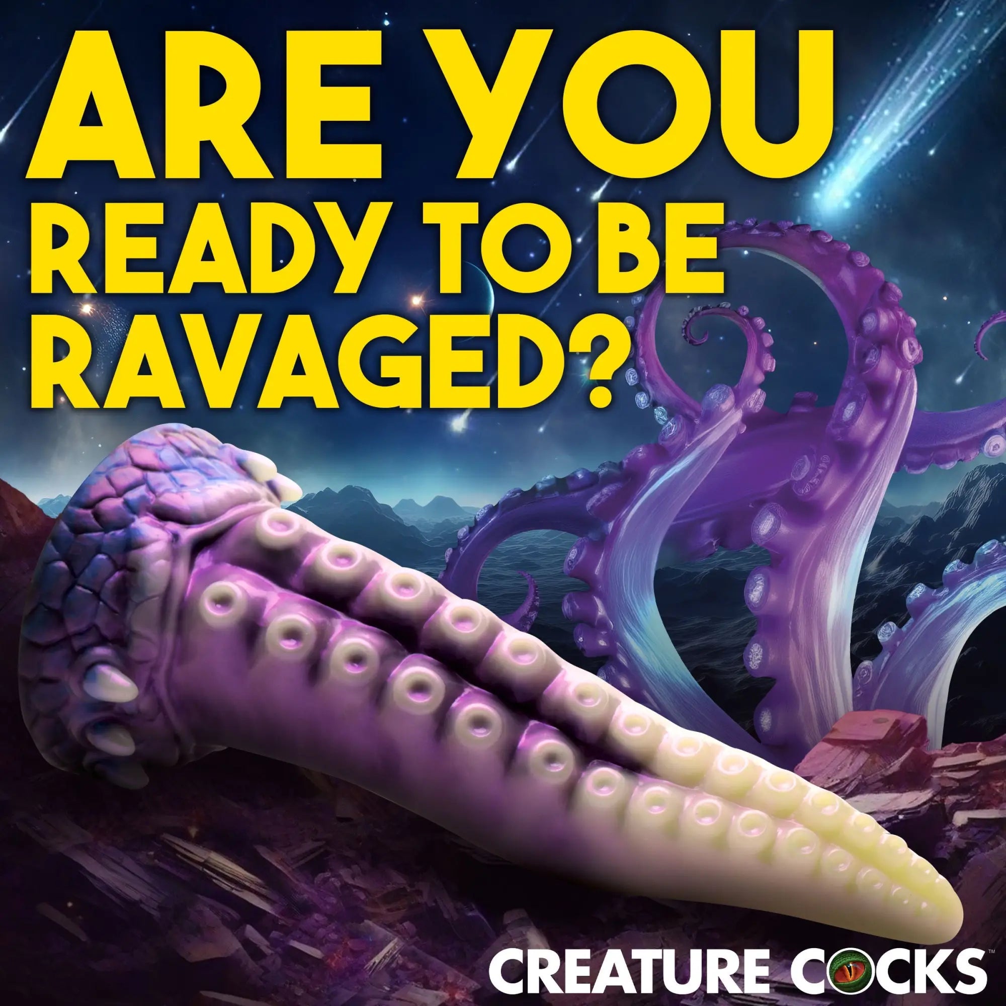 Creature Cocks Astropus silicone dildo: a purple tentacle with suction cups, set against a space and ocean background.
