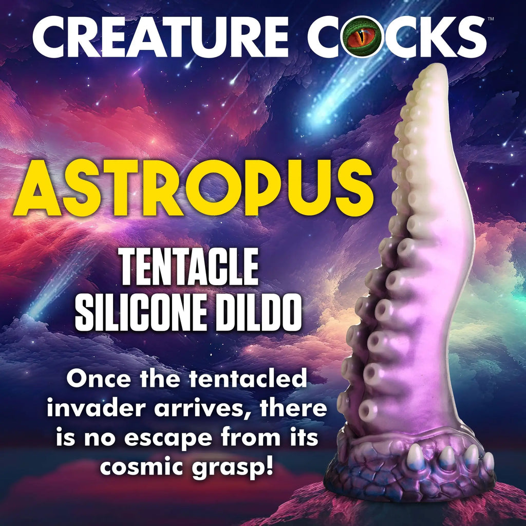 Creature Cocks Astropus silicone dildo featuring a purple-to-white gradient tentacle design against a cosmic background.