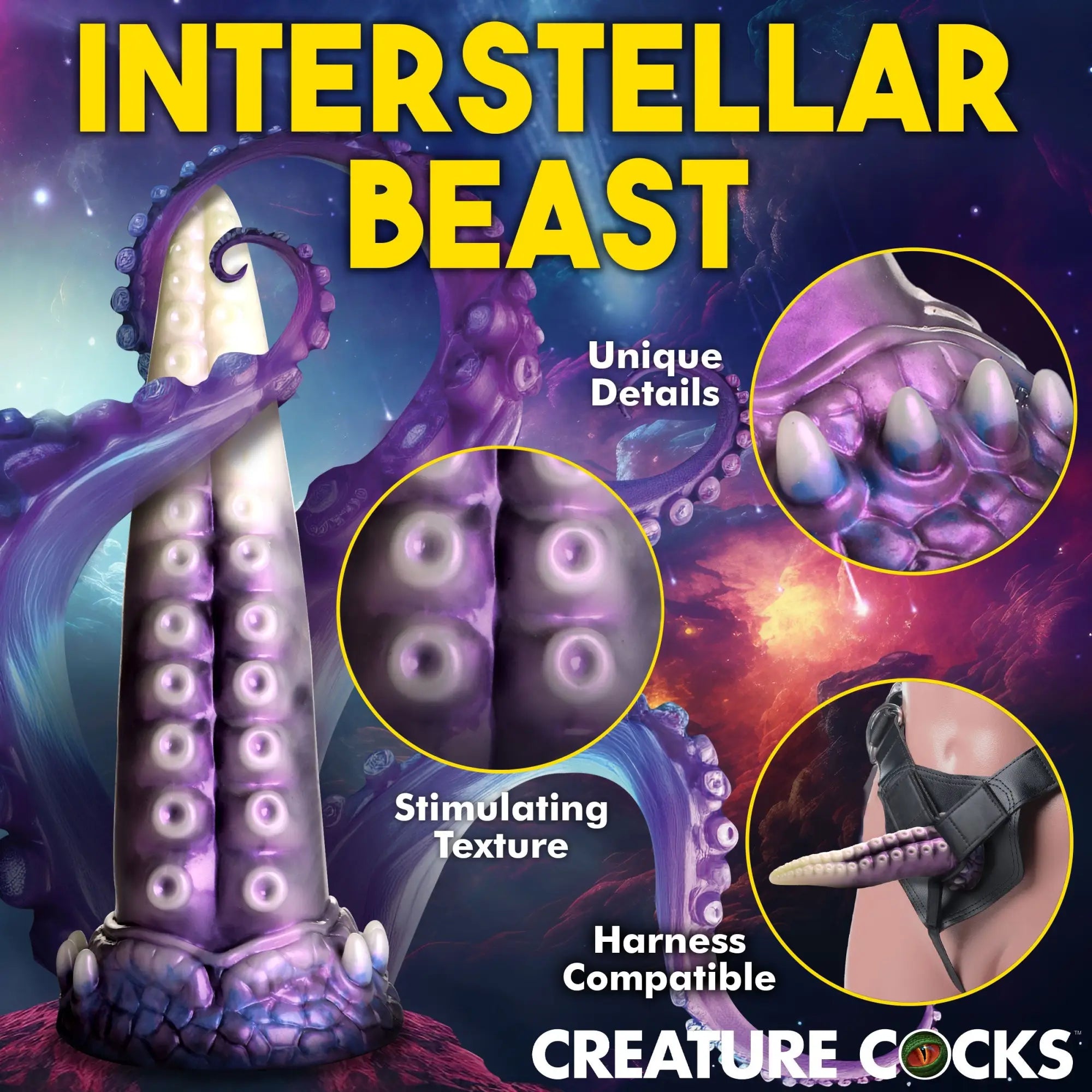 Creature Cocks Astropus silicone dildo: a purple and white tentacle-style toy with suction cups, shown in a harness.