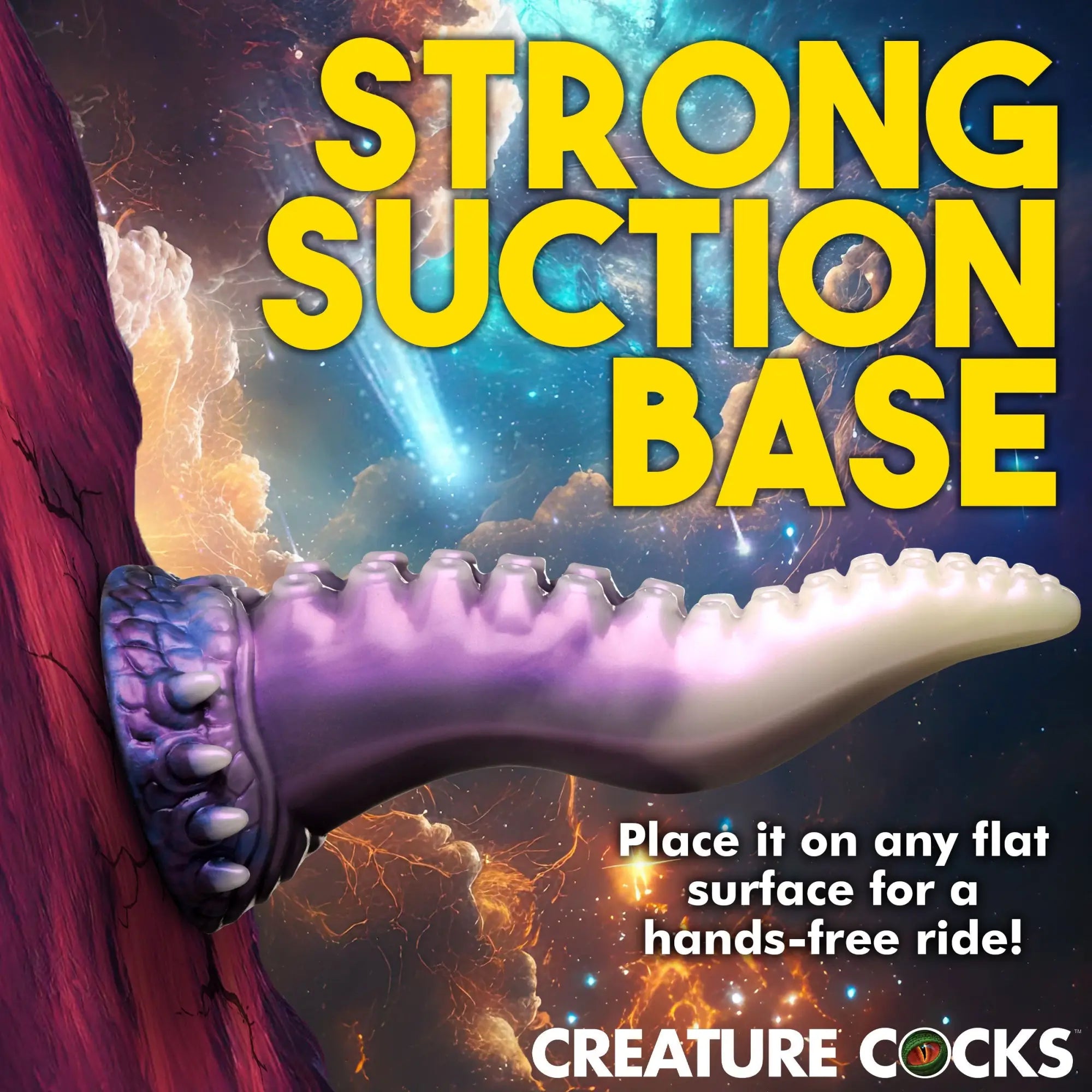 Creature Cocks Astropus silicone tentacle dildo in purple and white, featuring a suction base against a space backdrop.