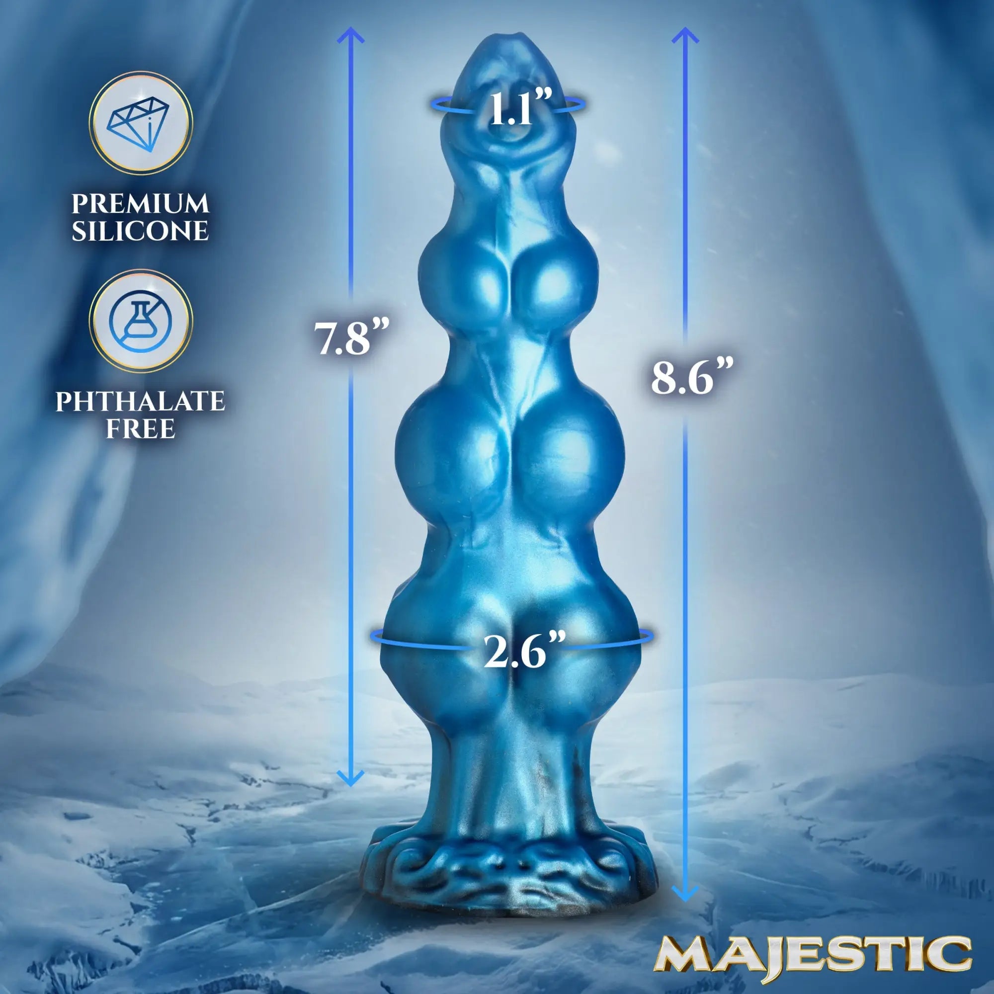Blue Creature Cocks Auren Wolf King silicone dildo with multiple nodes, shown with size measurements on icy background.