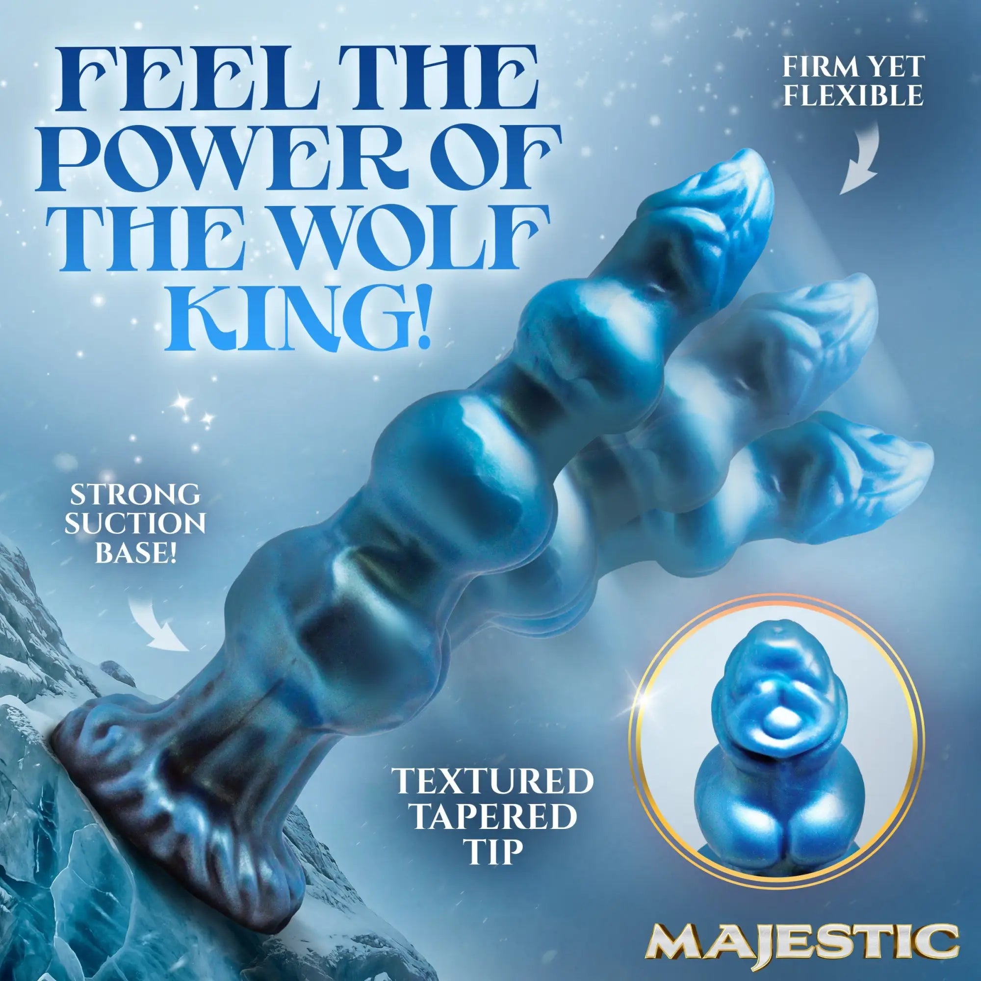 Creature Cocks Auren Wolf King blue silicone dildo with a textured, tapered tip and suction cup base on a snowy backdrop.