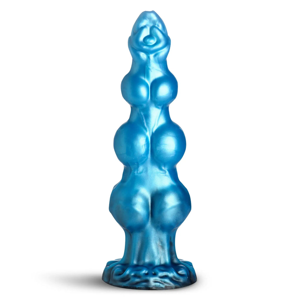 Metallic blue Creature Cocks Auren Wolf King silicone dildo with a segmented, tiered shape on a wide circular base.