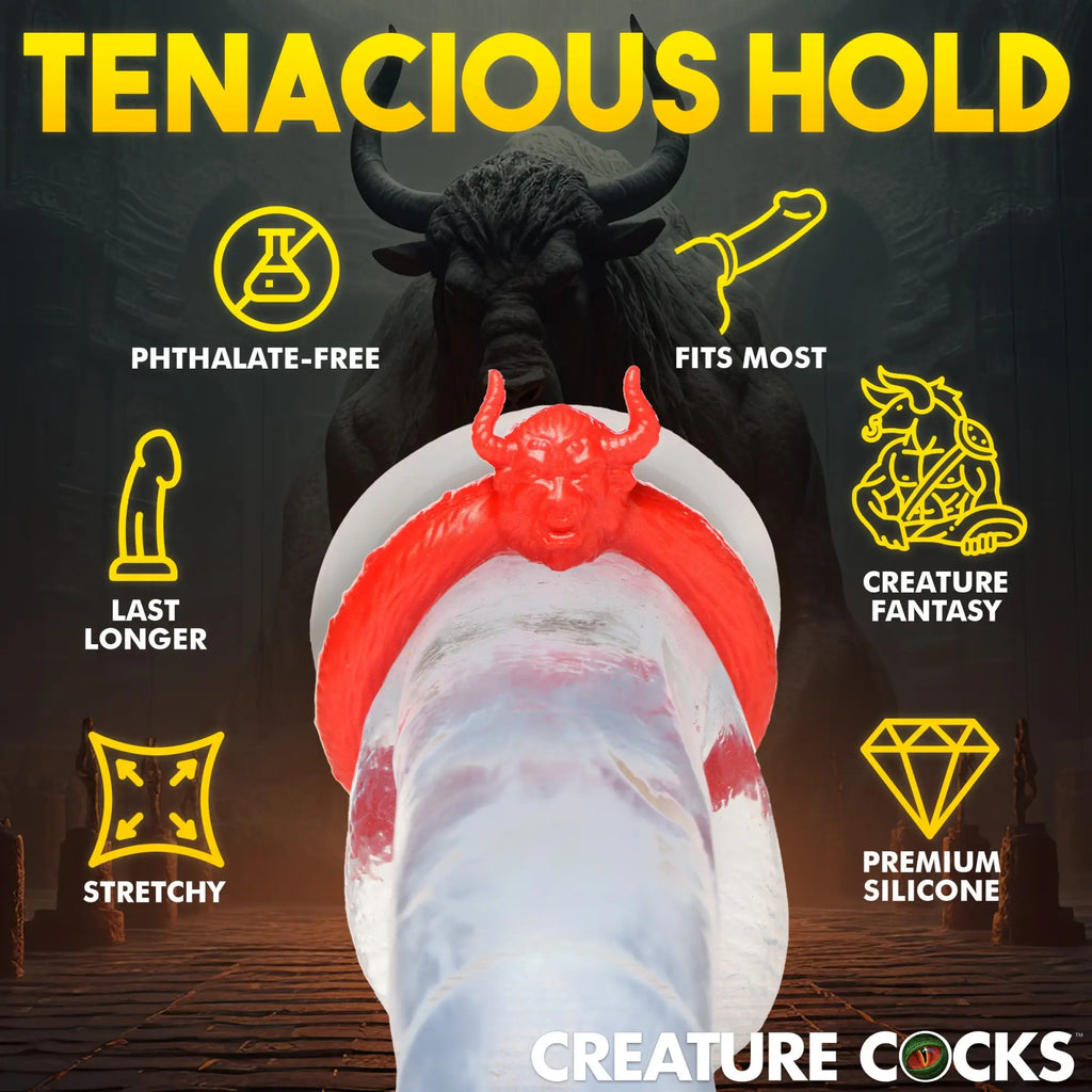 Red Creature Cocks Beast Mode silicone cock ring featuring a bull design, surrounded by infographic feature icons.