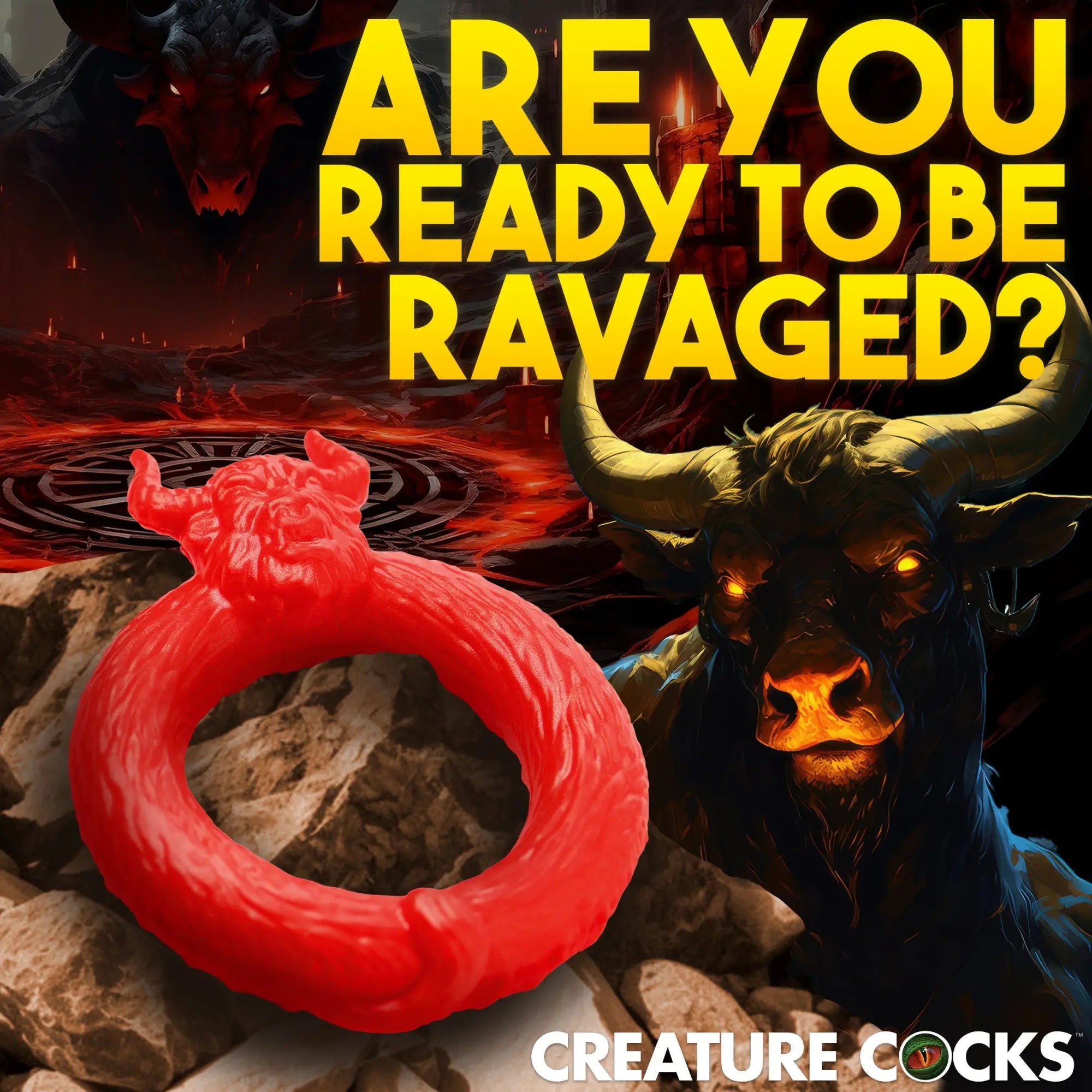 Red Creature Cocks Beast Mode silicone cock ring featuring a bull-head design against a dark, volcanic background.