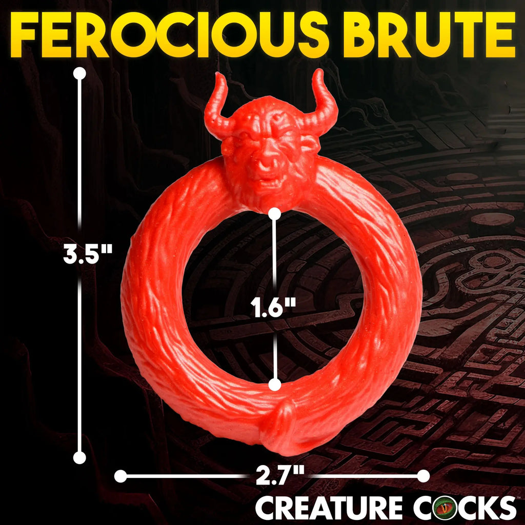 Red Creature Cocks Beast Mode silicone cock ring with a textured, bull-horned creature head design and measurements.