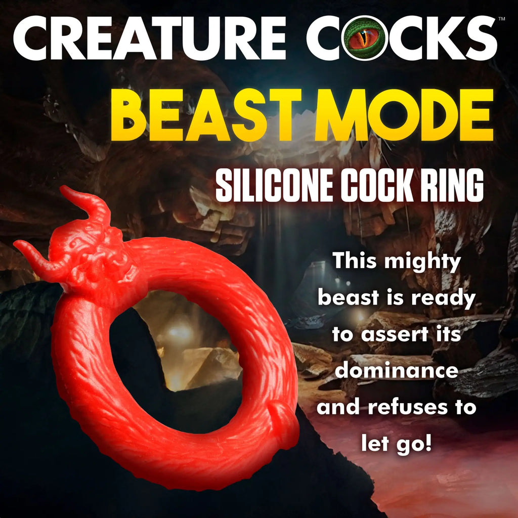 Bright red Creature Cocks Beast Mode silicone ring, featuring a textured, horned monster head design.