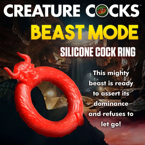 Bright red Creature Cocks Beast Mode silicone ring, featuring a textured, horned monster head design.