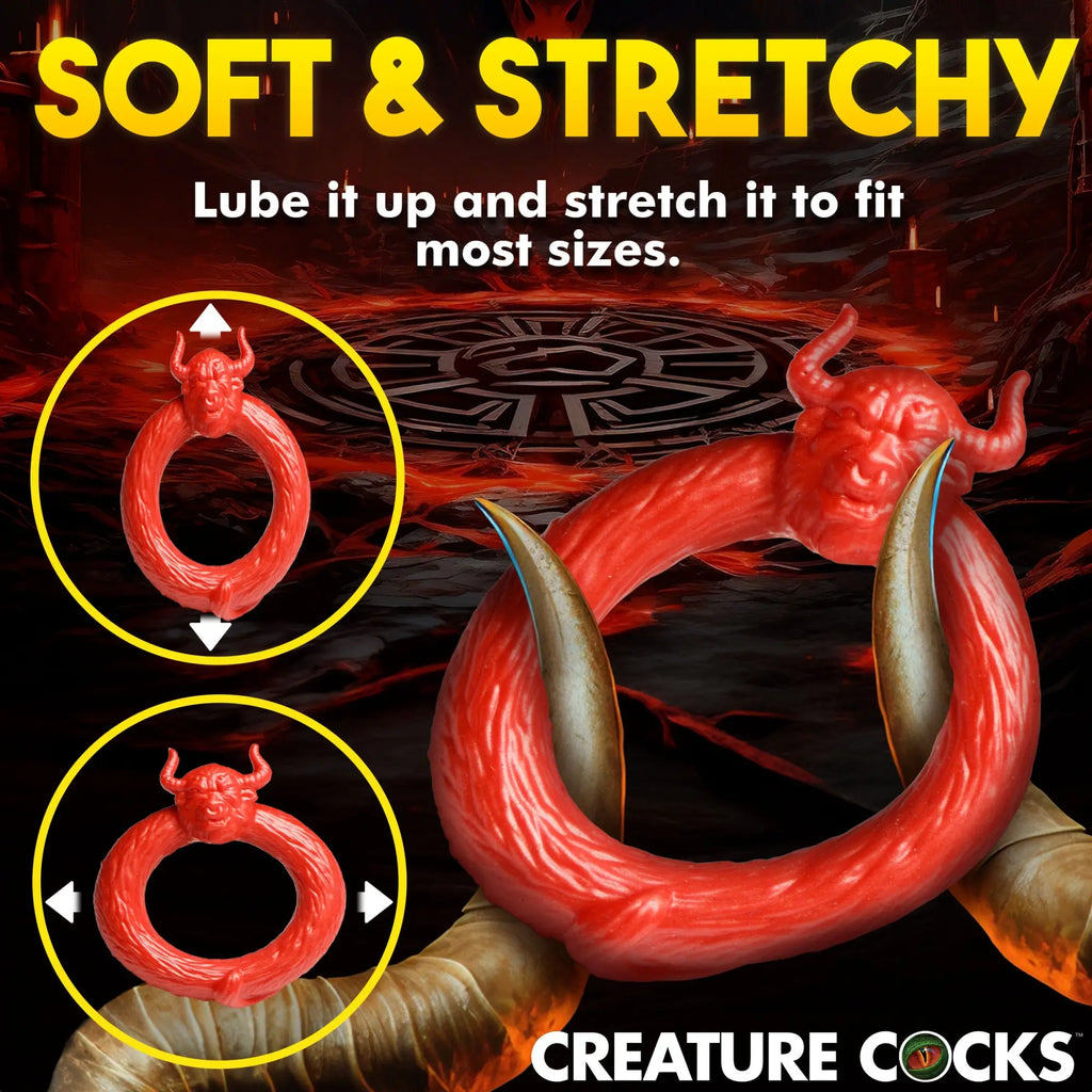Red, horned Beast Mode silicone cock ring by Creature Cocks, featuring a demon head design on a flexible loop.