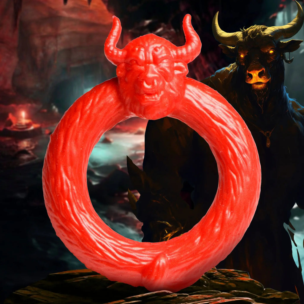 Creature Cocks Beast Mode silicone cock ring, bright red with a textured, bull-horned design against a fantasy backdrop.
