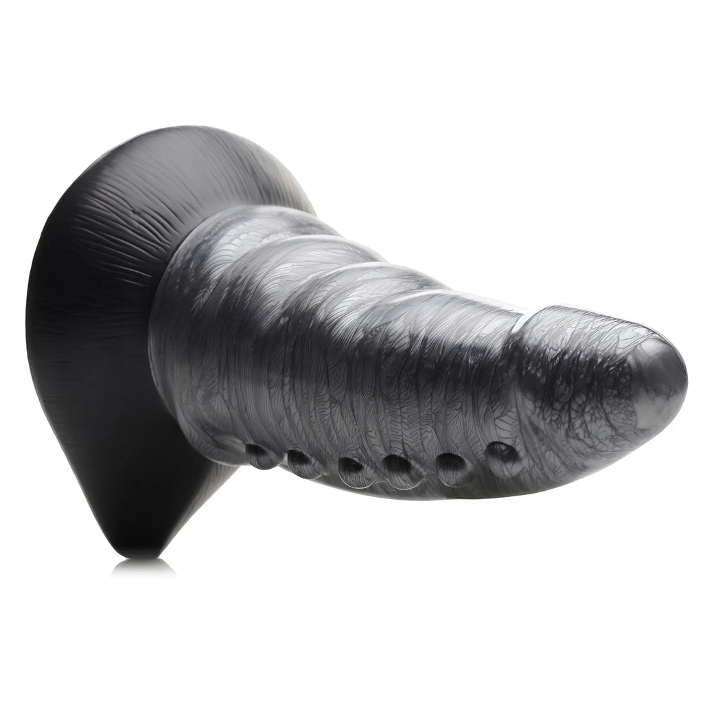 Creature Cocks Beastly dildo: A tapered, black and grey swirled silicone toy with a bumpy, ridged texture.