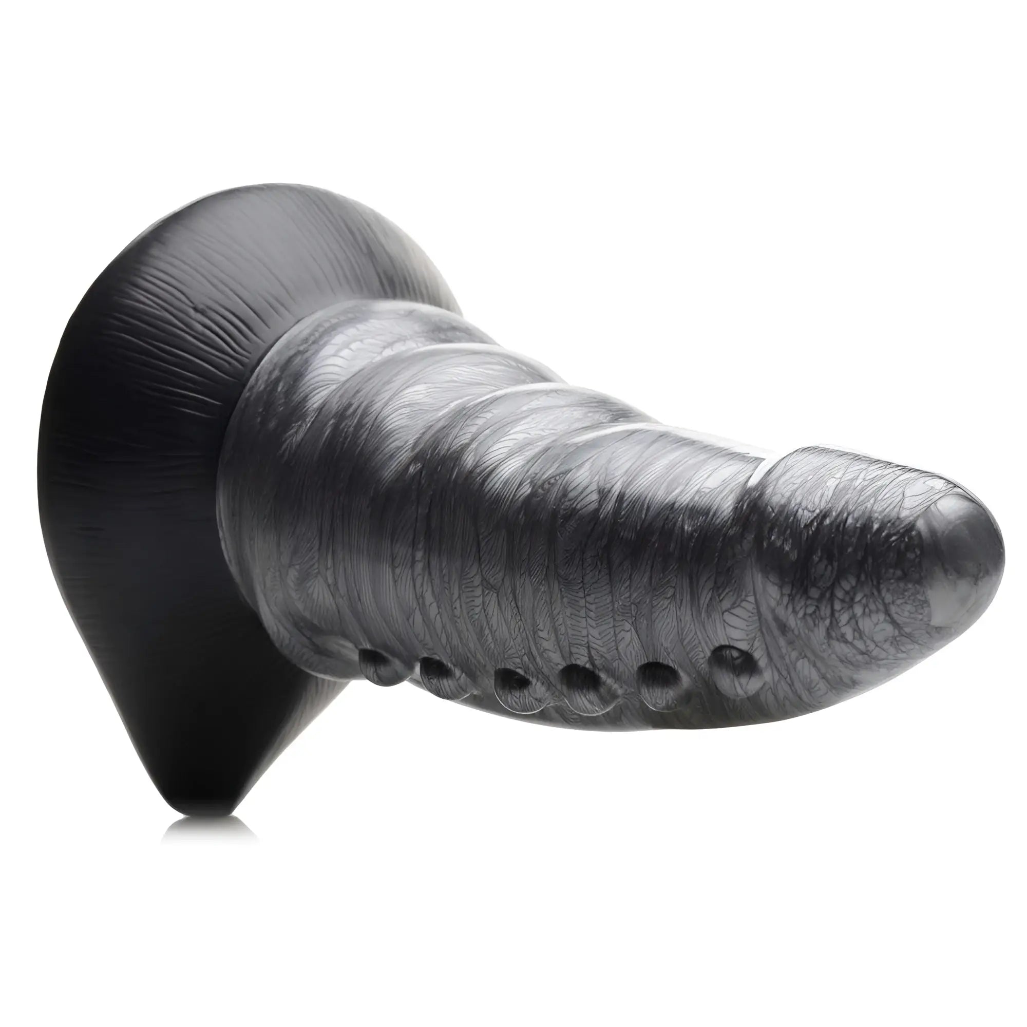 Creature Cocks Beastly dildo: A tapered, black and grey swirled silicone toy with a bumpy, ridged texture.