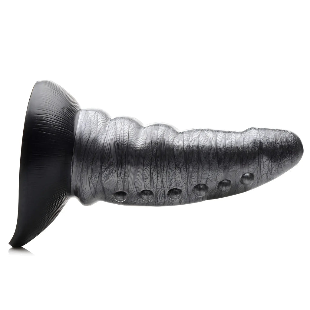 Creature Cocks Beastly silicone dildo in black and grey, featuring a tapered, bumpy design with textured detailing.