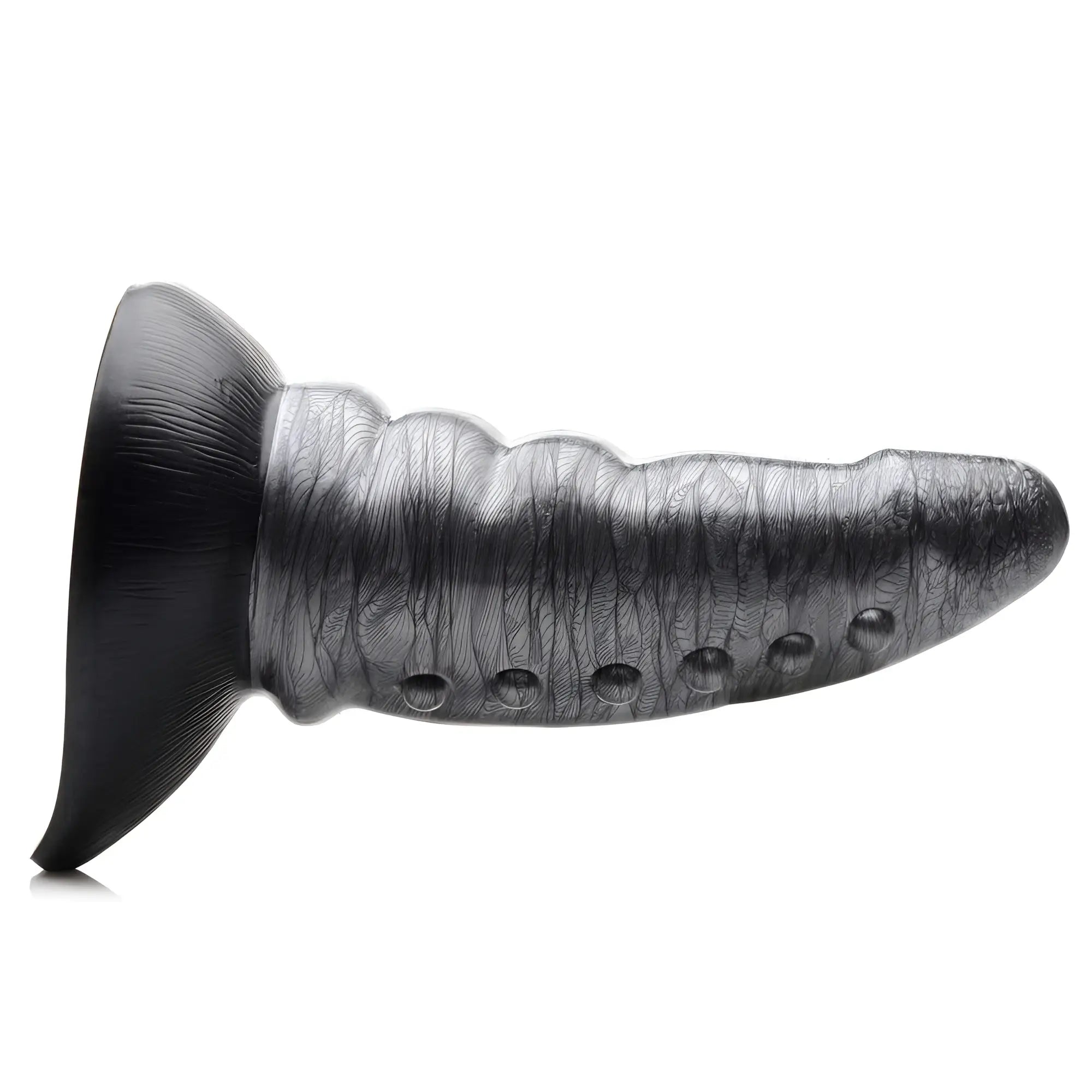 Creature Cocks Beastly silicone dildo in black and grey, featuring a tapered, bumpy design with textured detailing.
