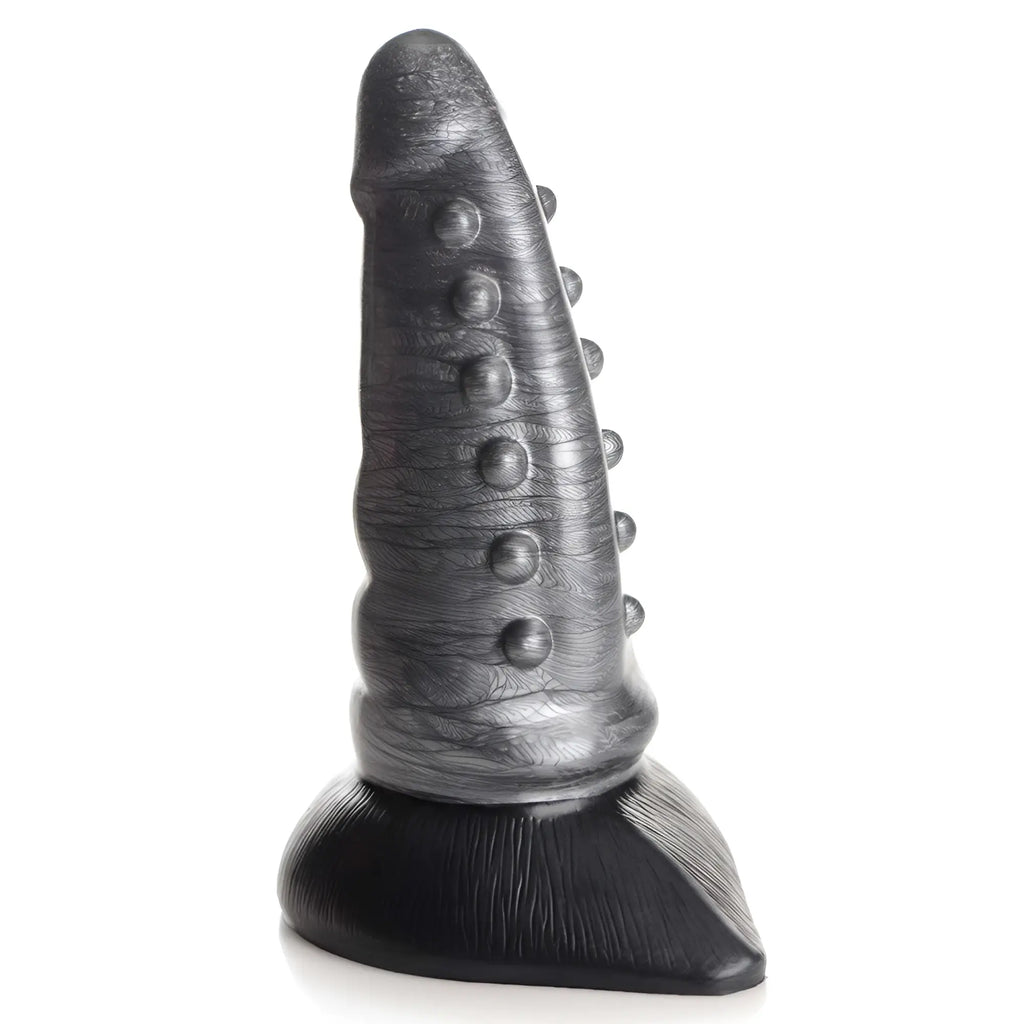 Creature Cocks Beastly dildo: a grey, tapered silicone shaft with texture and bumps on a solid black flared base.