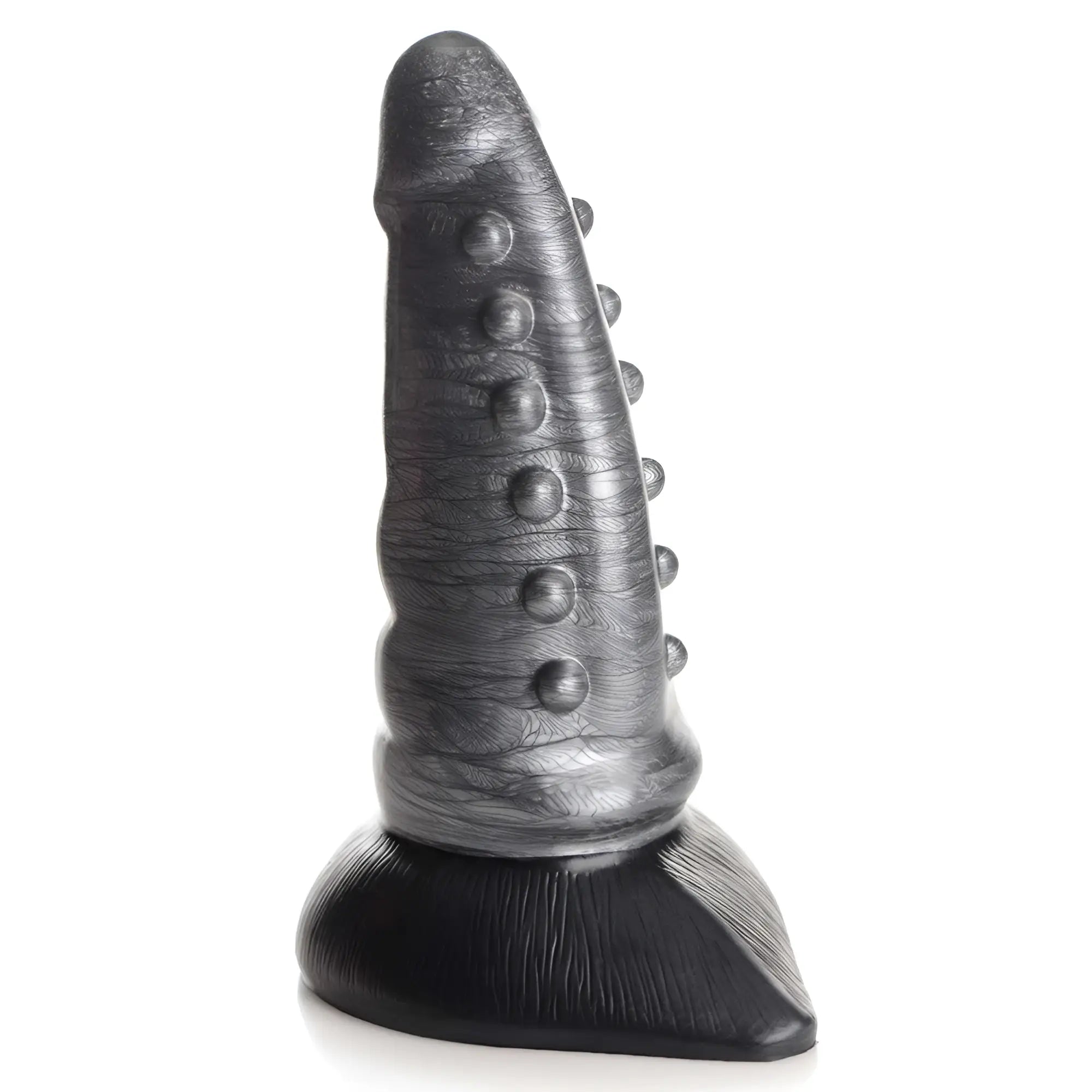 Creature Cocks Beastly dildo: a grey, tapered silicone shaft with texture and bumps on a solid black flared base.