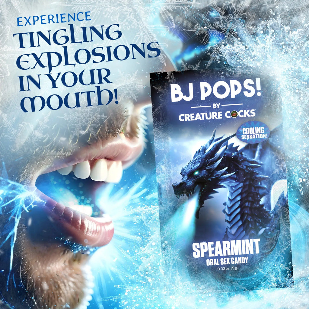 Creature Cocks BJ Pops Spearmint candy package featuring a blue ice dragon, set against a frosty, icy background.